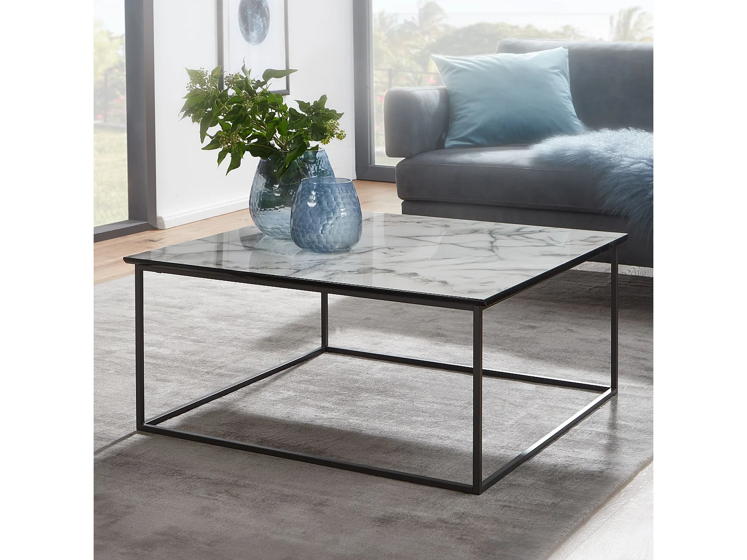 salontafel vierkant 80x38x80 cm met marmerlook wit | Salontafel met zwart metalen frame | Moderne decoratieve tafel