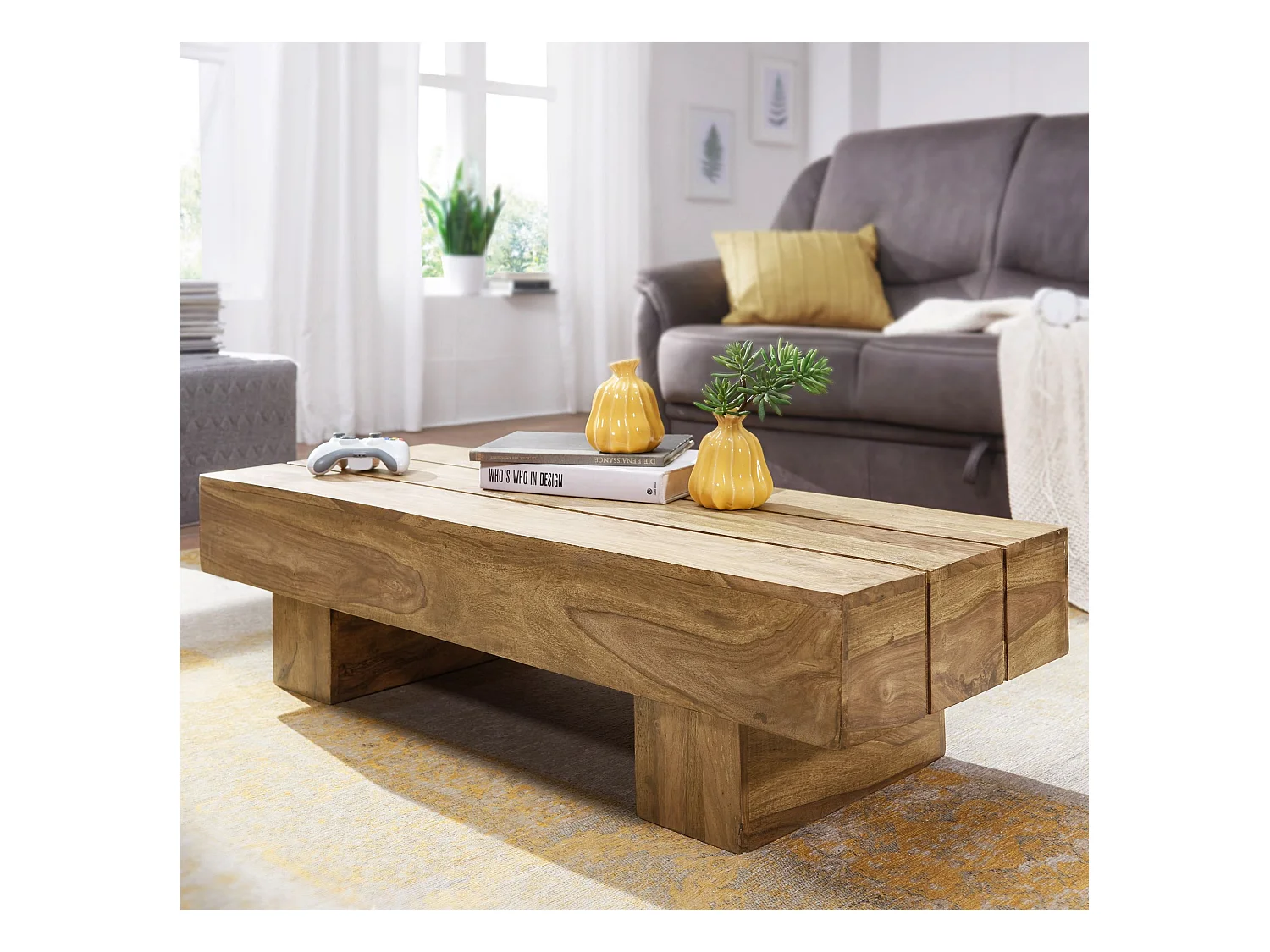 table basse LUCCA bois d'acacia massif 120 cm de large table de salon design marron foncé table d'appoint style maison de campagne