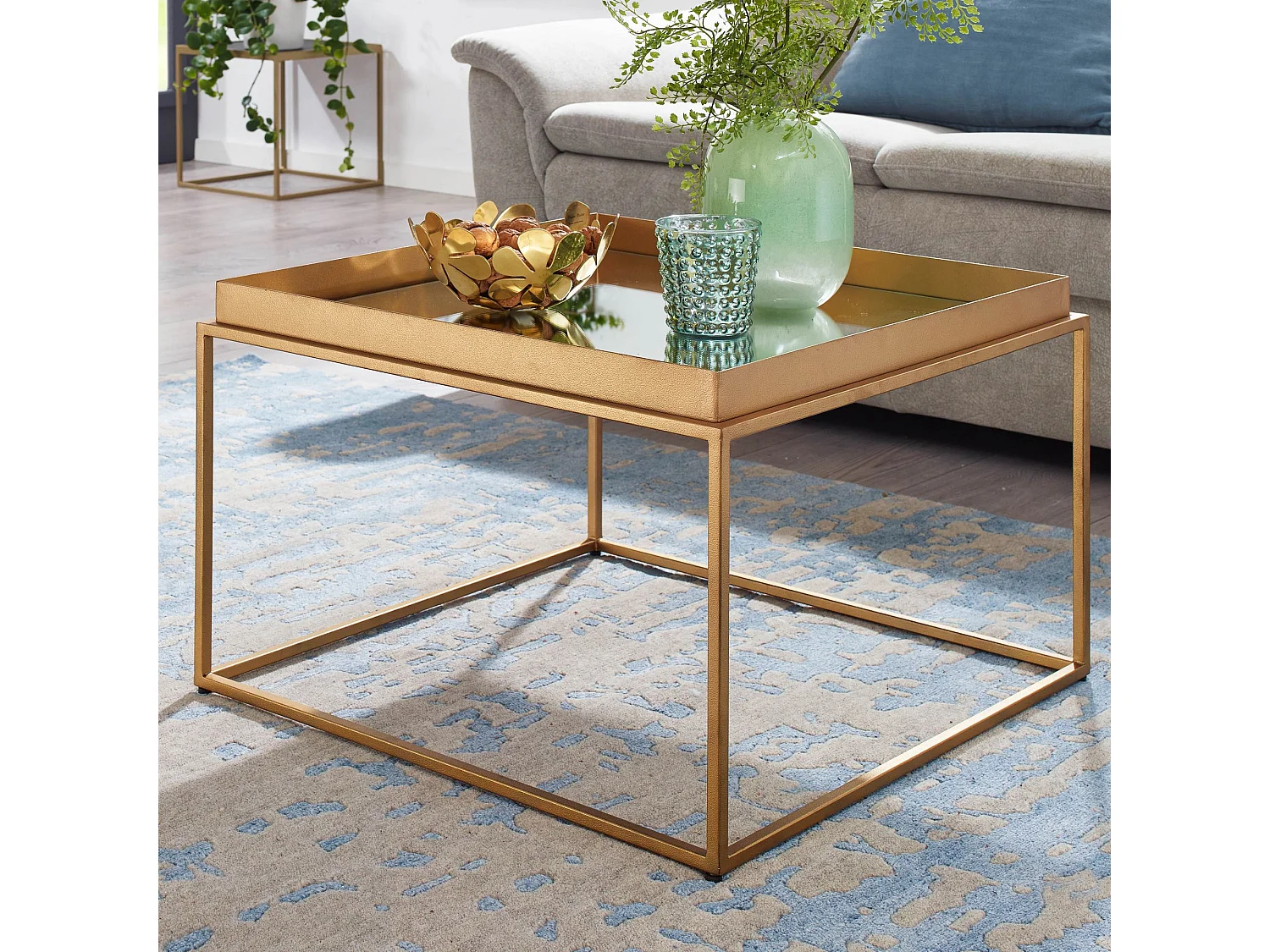 Table Basse de Salon Verre Miroir et Métal 60x60x41 cm Carrée Or | Petite Table de Canapé | Design