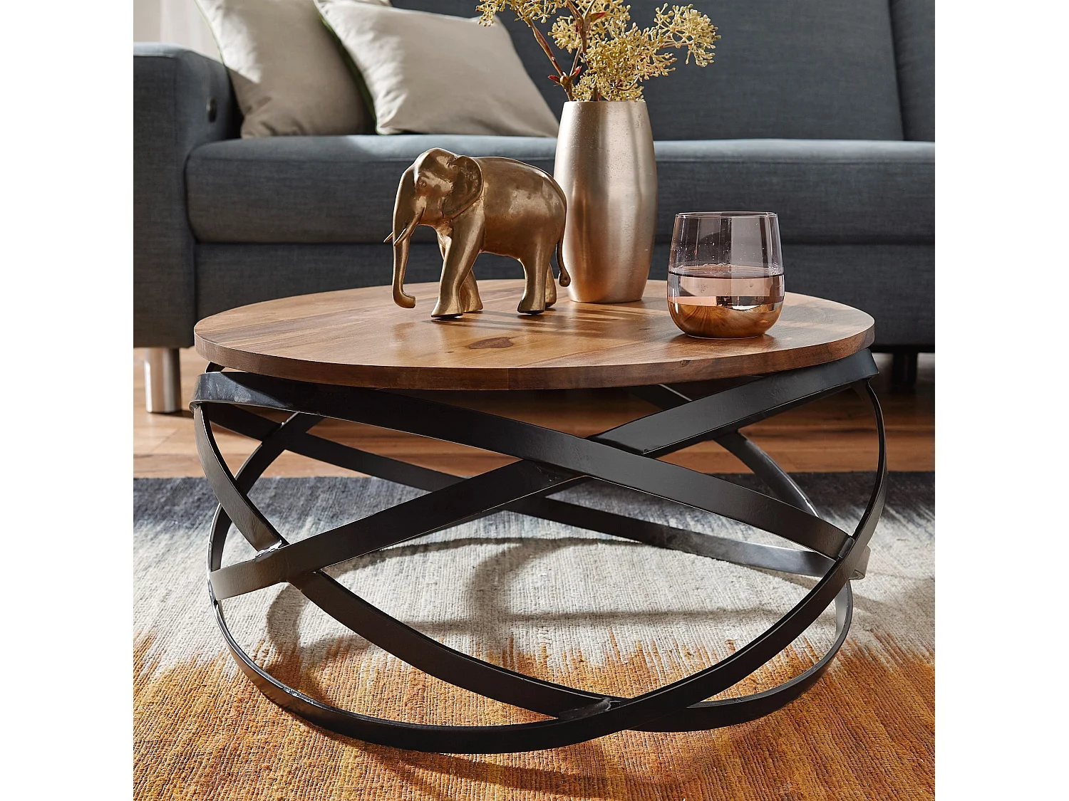 basse MANUR 60x30x60 cm Table basse en bois massif / métal Sheesham | Table de salon design ronde