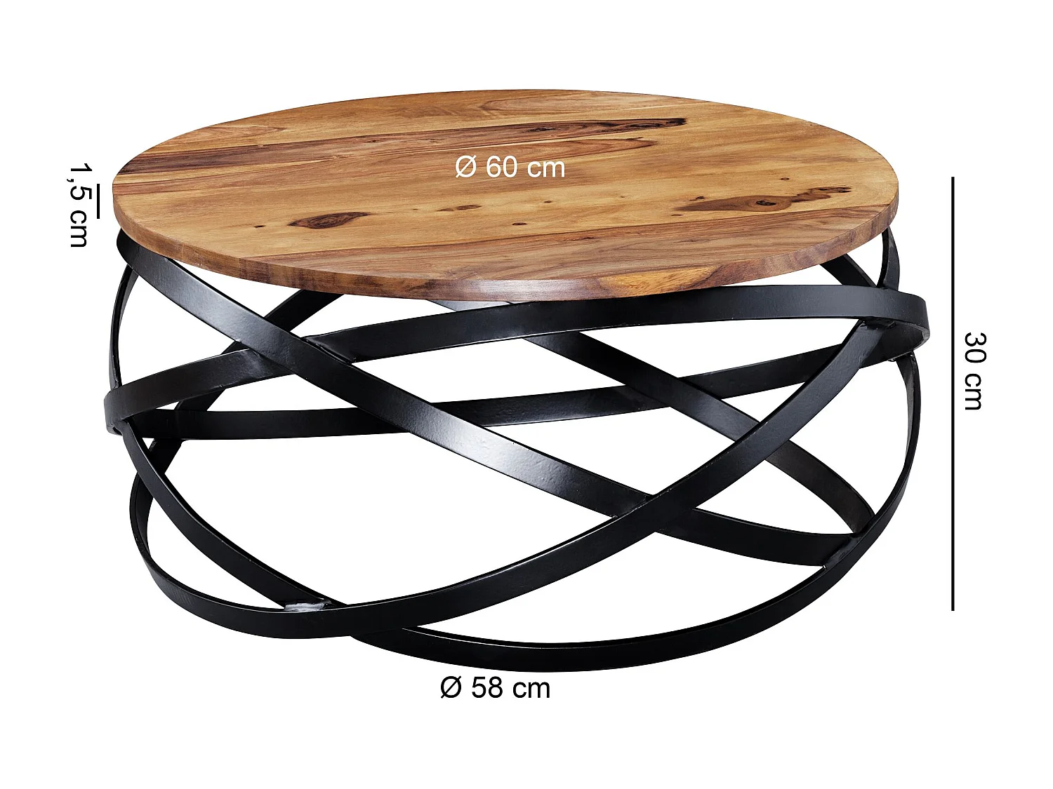 basse MANUR 60x30x60 cm Table basse en bois massif / métal Sheesham | Table de salon design ronde