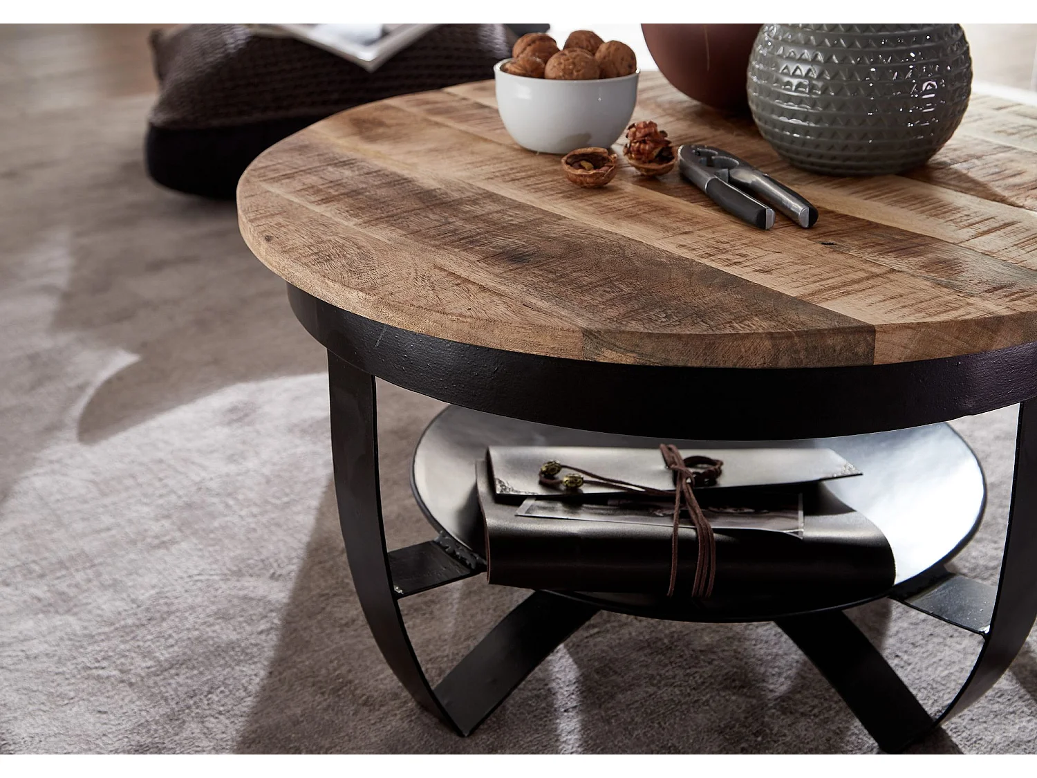 basse 60x34x60 cm Mango bois massif / métal Industriel rond noir | Table basse Table de salon