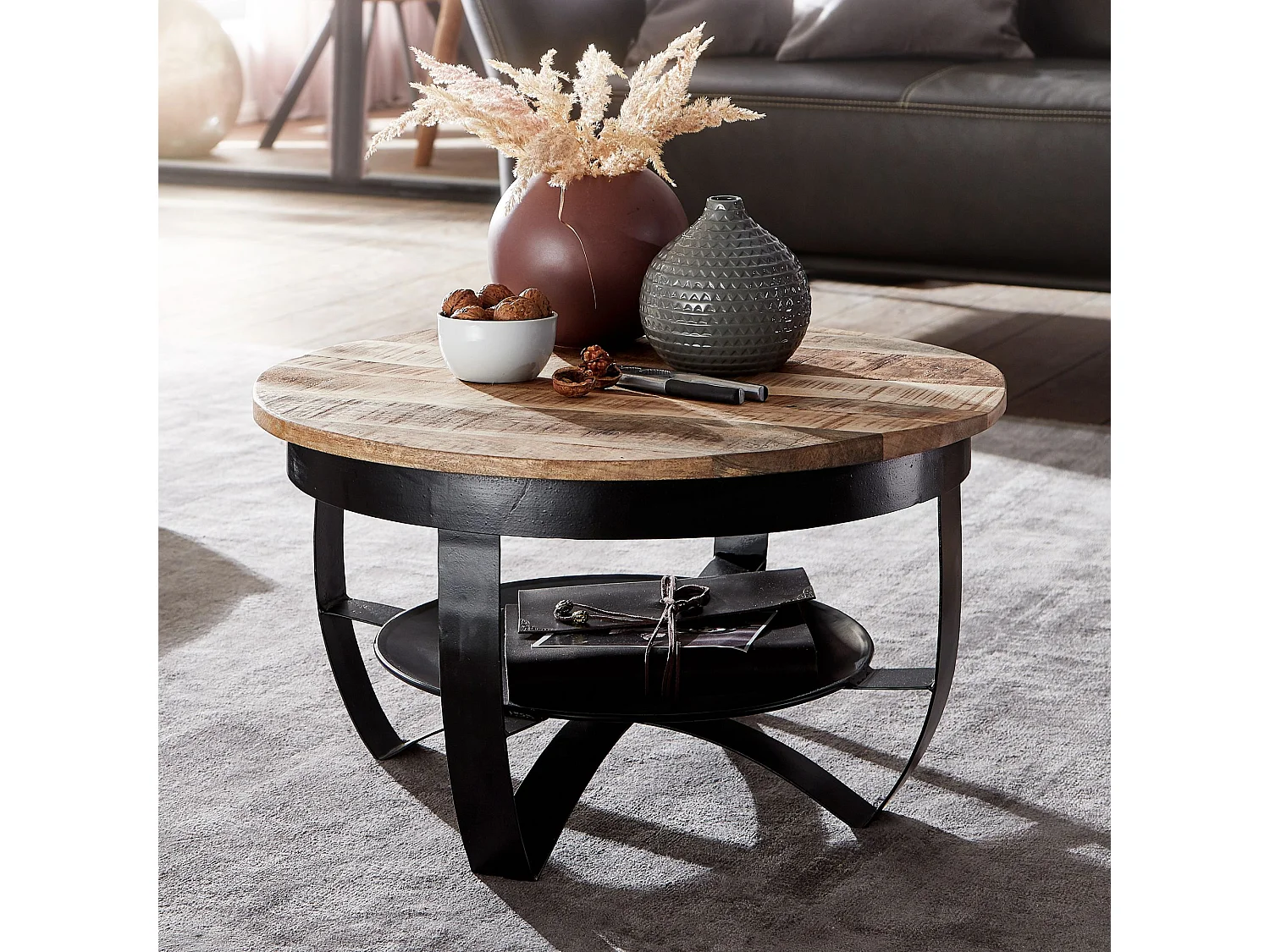 basse 60x34x60 cm Mango bois massif / métal Industriel rond noir | Table basse Table de salon