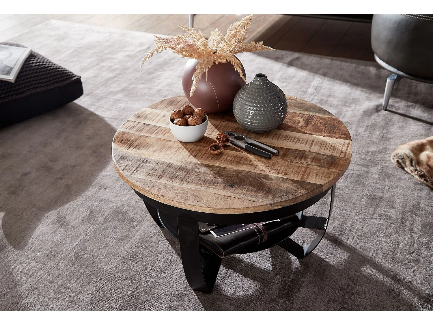 basse 60x34x60 cm Mango bois massif / métal Industriel rond noir | Table basse Table de salon