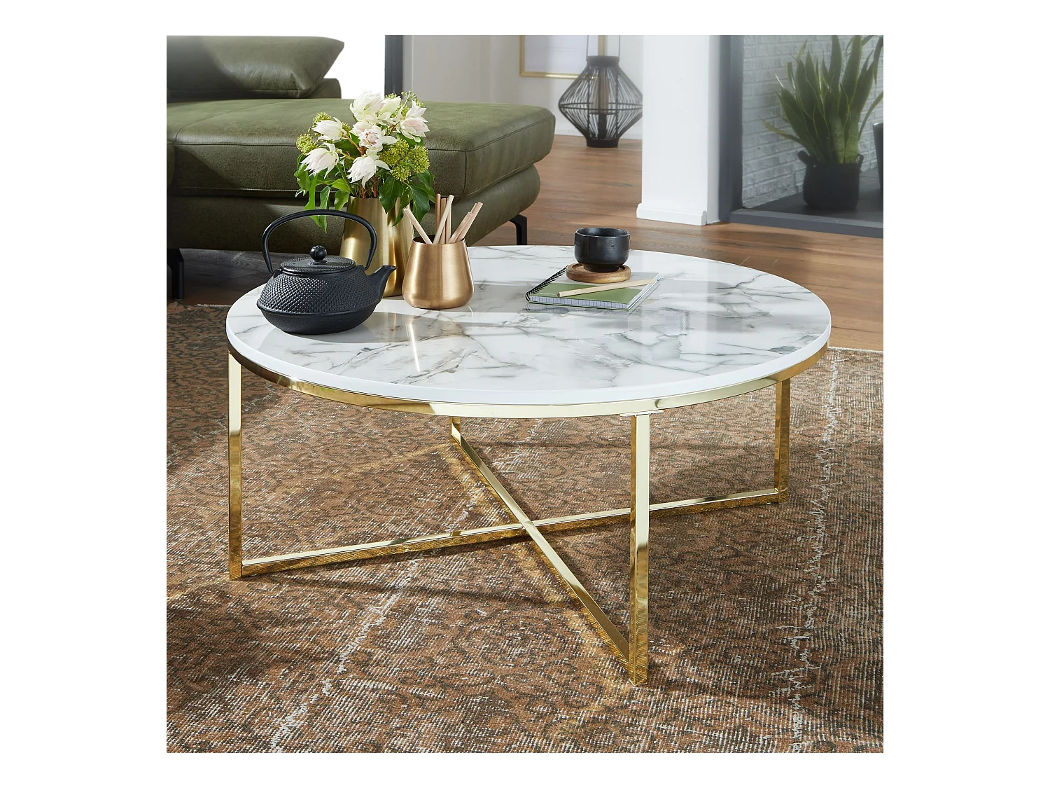 basse  80x36x80 cm aspect marbre blanc | Table de salon avec structure en métal | Table basse table ronde salon | Table d'appoint