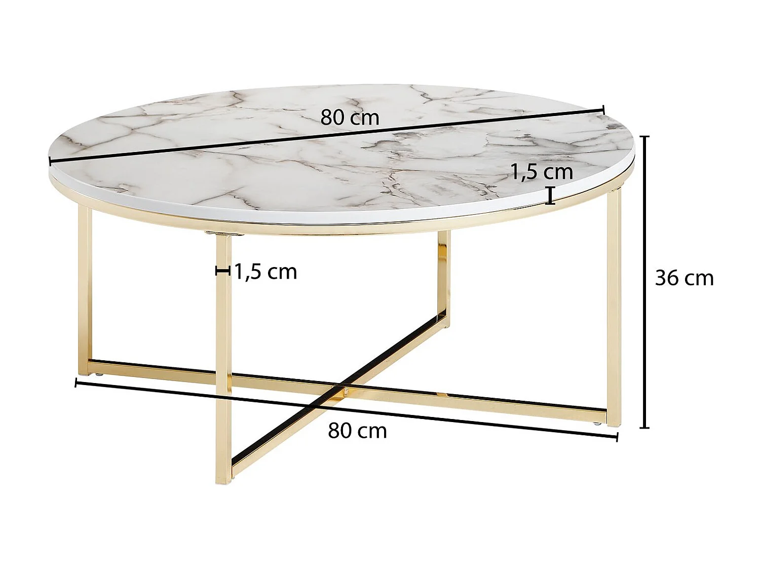 mesa de café 80x36x80 cm con aspecto de mármol blanco | Mesa de salón con estructura de metal | Mesa de centro mesa redonda salón | Mesa auxiliar
