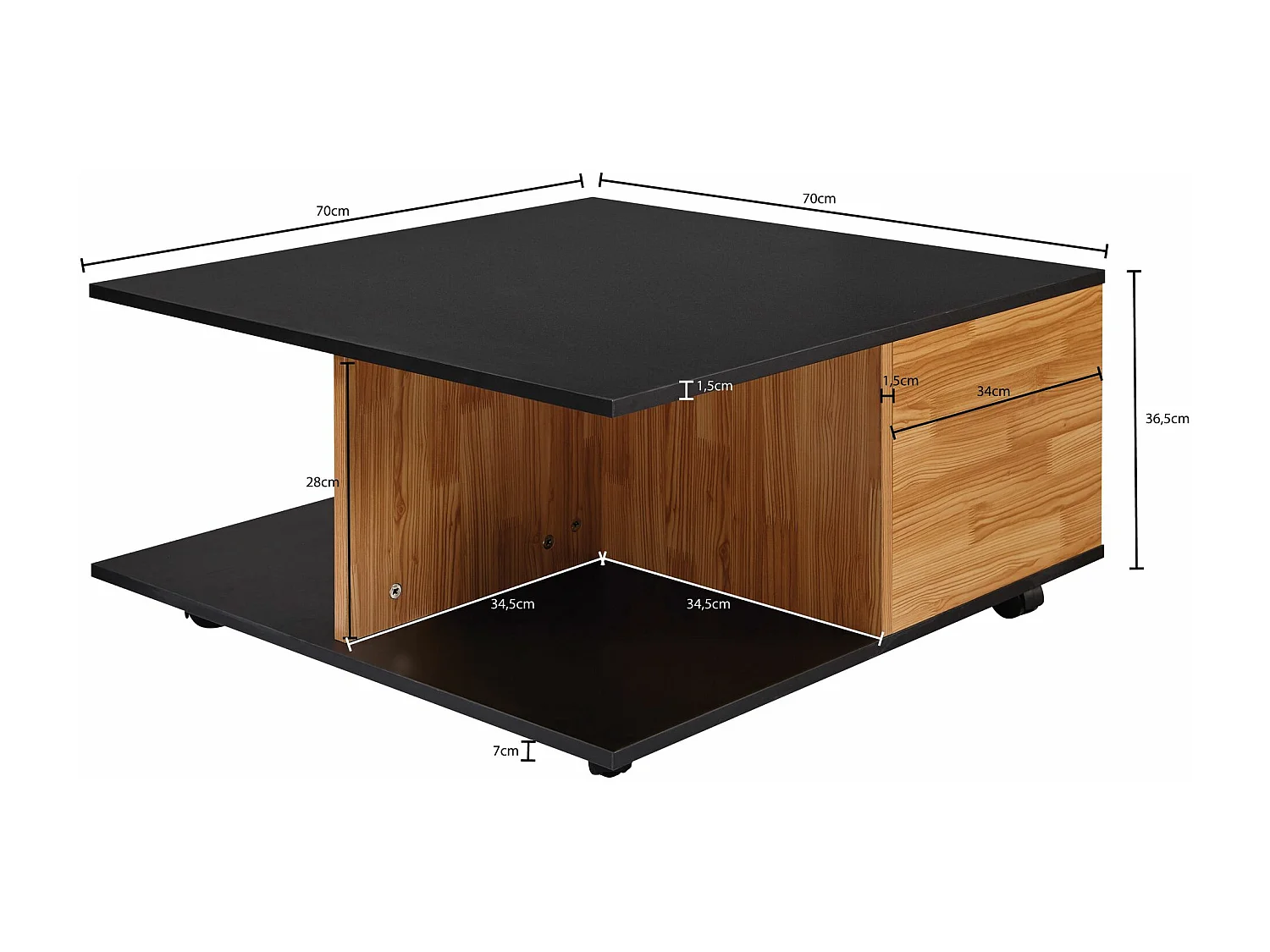 basse design  cm anthracite / chêne sable | Table de salon avec 2 tiroirs | Table basse à roulettes | Table à 2 compartiments