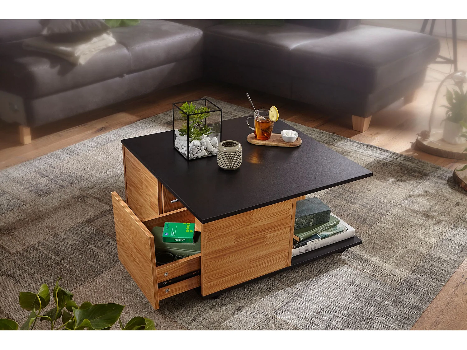 basse design  cm anthracite / chêne sable | Table de salon avec 2 tiroirs | Table basse à roulettes | Table à 2 compartiments