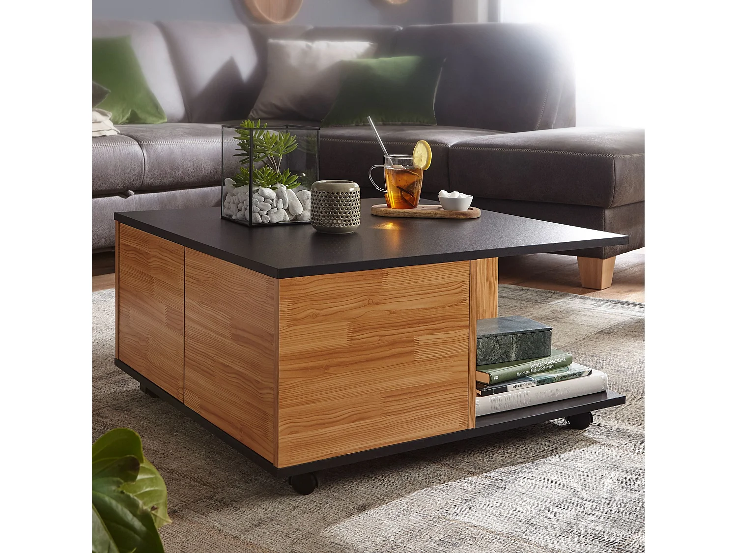 basse design cm anthracite / chêne sable | Table de salon avec 2 tiroirs | Table basse à