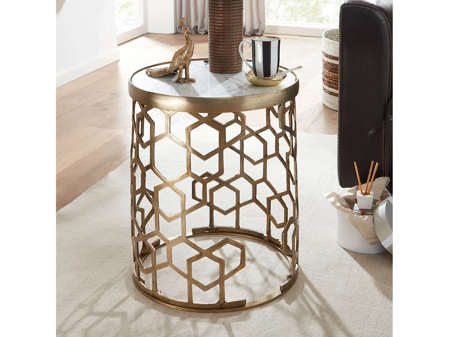 Table d'appoint de Salon 46x46x55 cm Marbre Véritable et Métal Ronde Or | Petite Table de Canapé Blanc | Design Table Basse Style Moderne