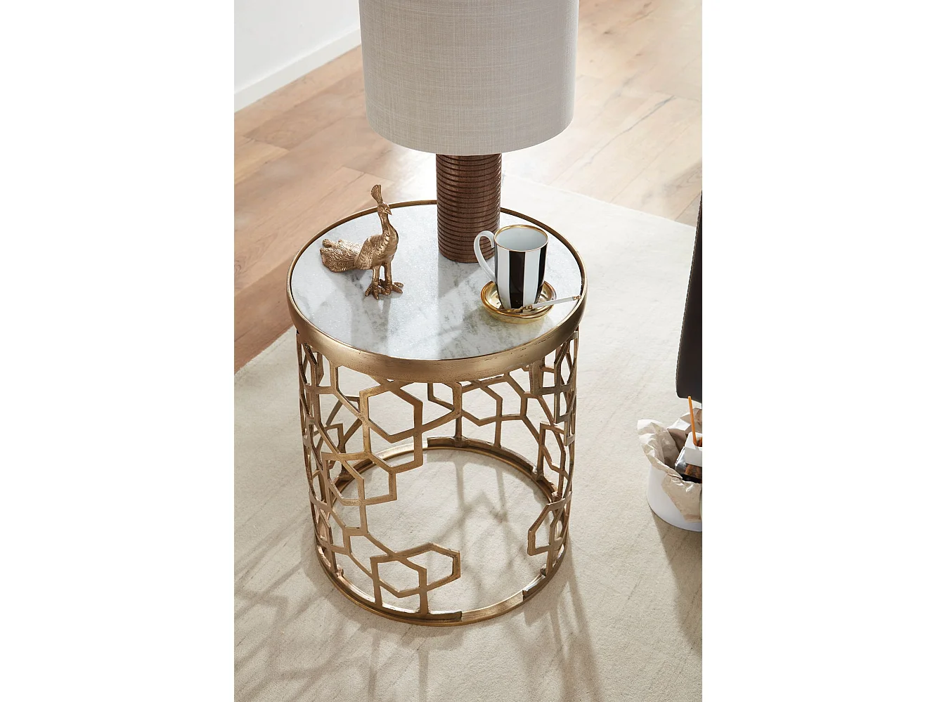 Table d'appoint de Salon 46x46x55 cm Marbre Véritable et Métal Ronde Or | Petite Table de Canapé Blanc | Design Table Basse Style Moderne