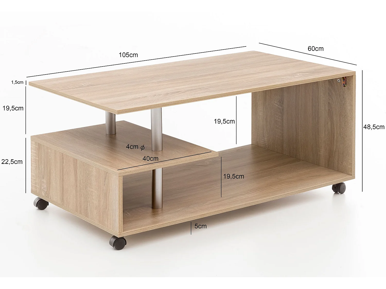 Table basse design WL5.735 105 x 48,5 x 60 cm Sonoma Rotatif à roulettes | Table Basse Table Basse
