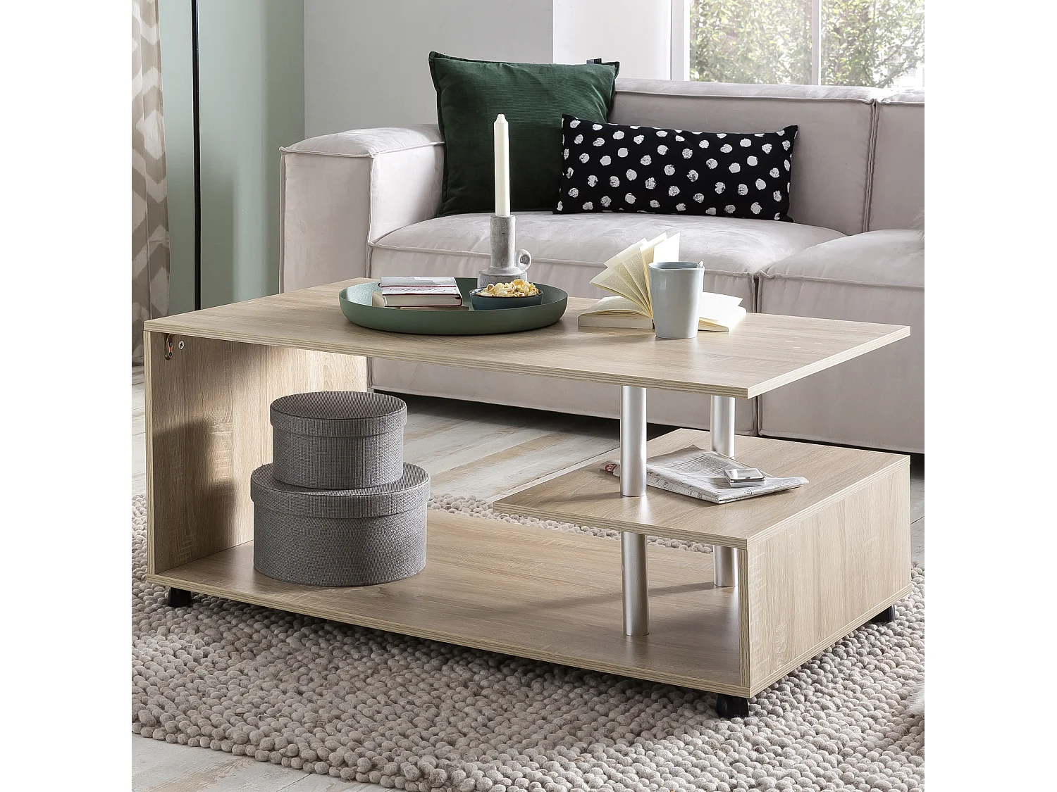 Tavolino di design WL5.735 105 x 48,5 x 60 cm Sonoma Girevole con rotelle | Tavolino da caffè Tavolino da caffè | Tavolino con contenitore