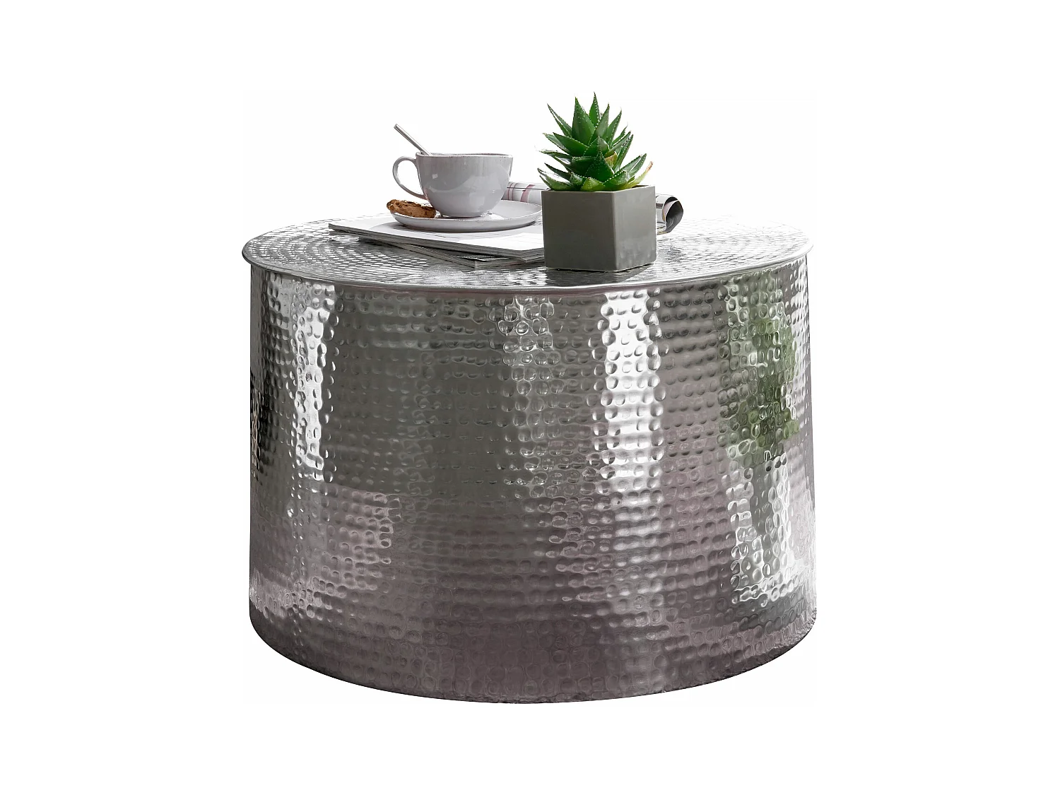Basse  Rahi 61 X 40,5 X 61 Cm  Appoint En Aluminium Argenté Rond | Table Basse Martelée