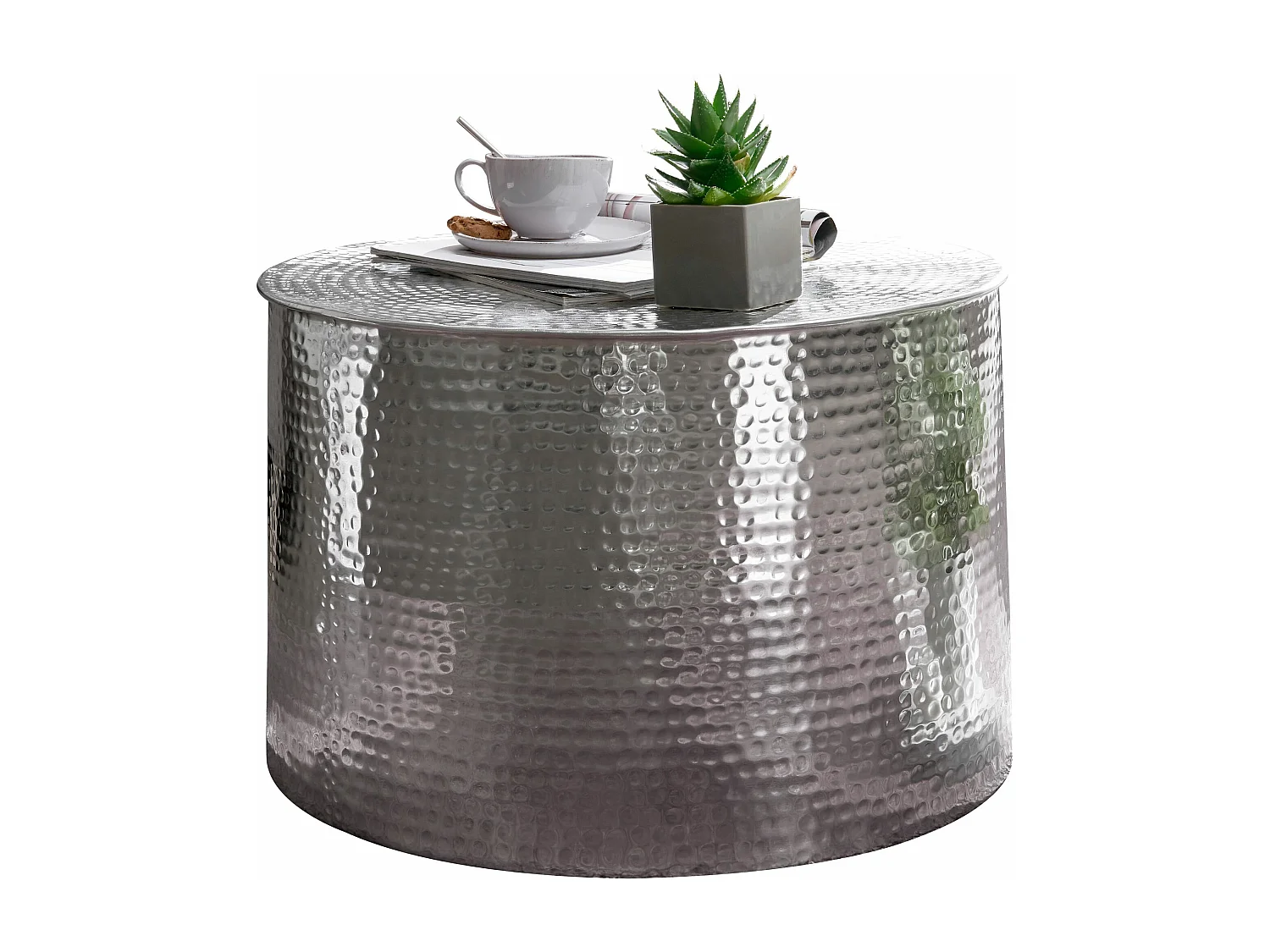 Basse RAHI 61 x 40,5 x 61 cm Appoint en Aluminium Argenté Rond | Table basse martelée en métal |