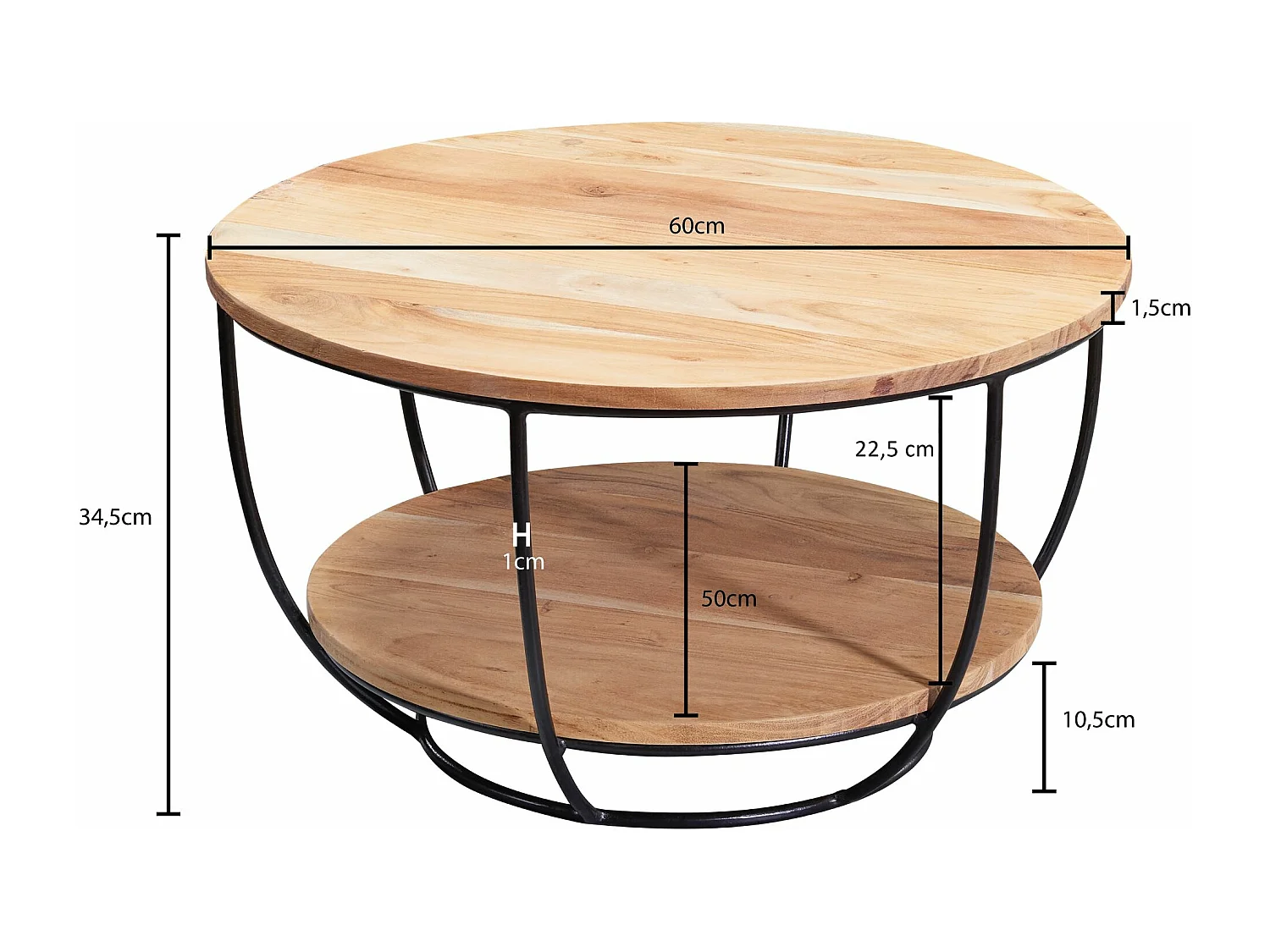 basse 60x34,5x60 cm table basse en bois massif / métal acacia | Table de salon design ronde |