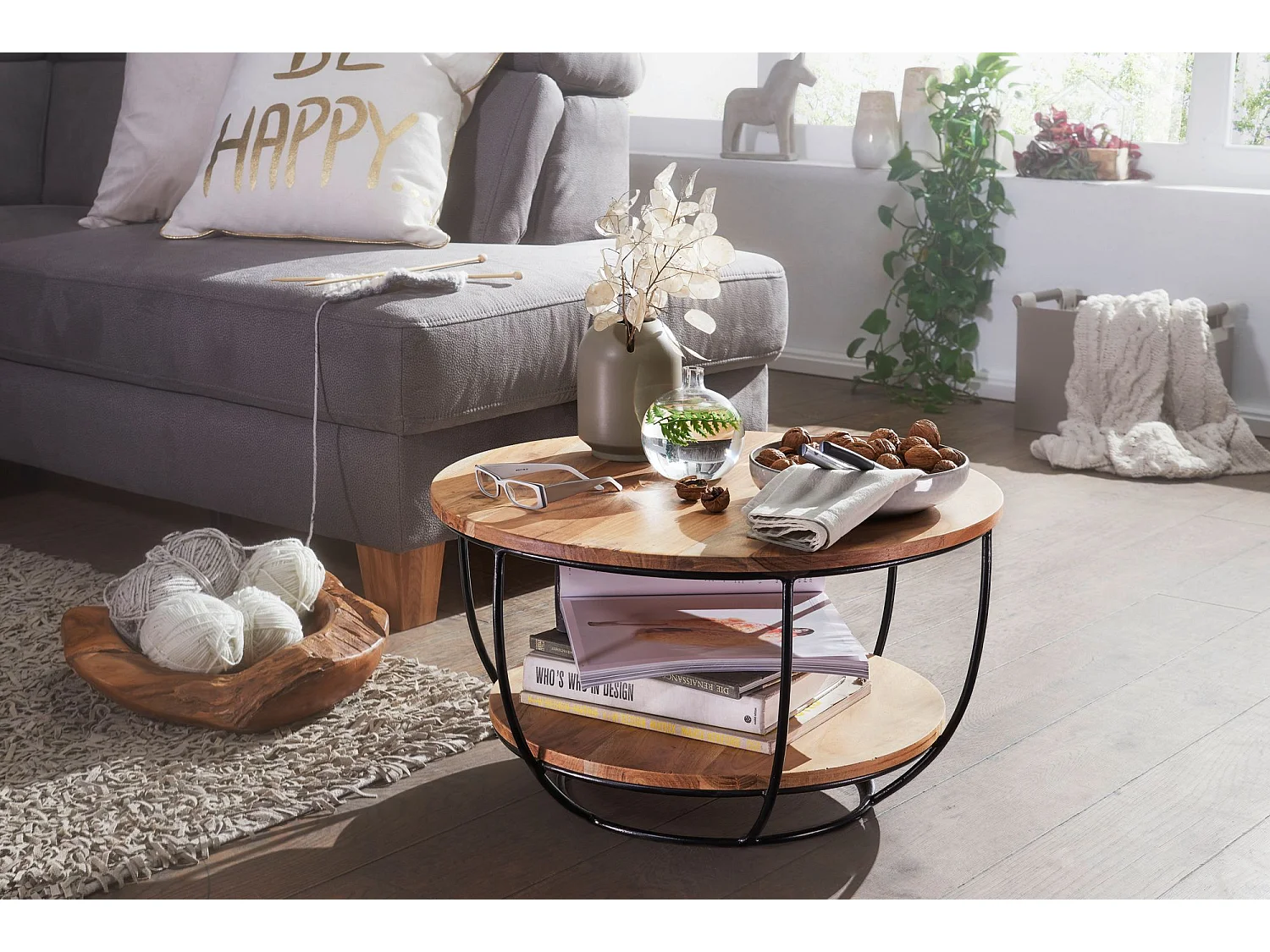 basse 60x34,5x60 cm table basse en bois massif / métal acacia | Table de salon design ronde |