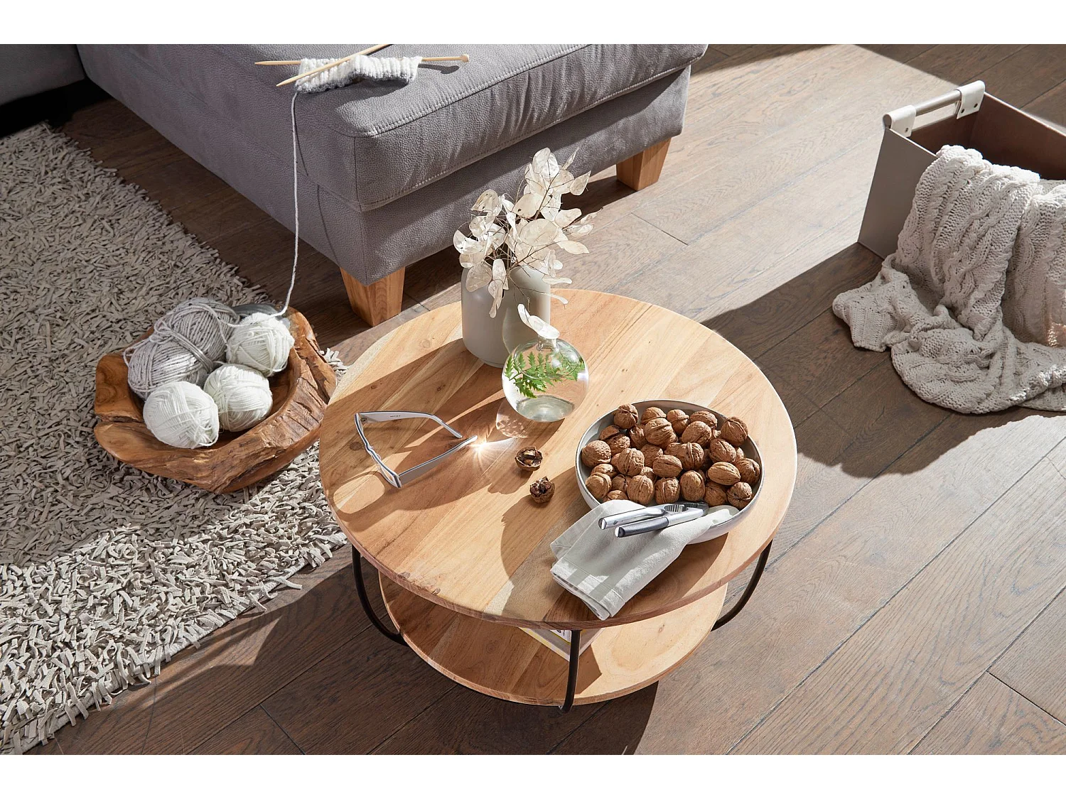 basse 60x34,5x60 cm table basse en bois massif / métal acacia | Table de salon design ronde |