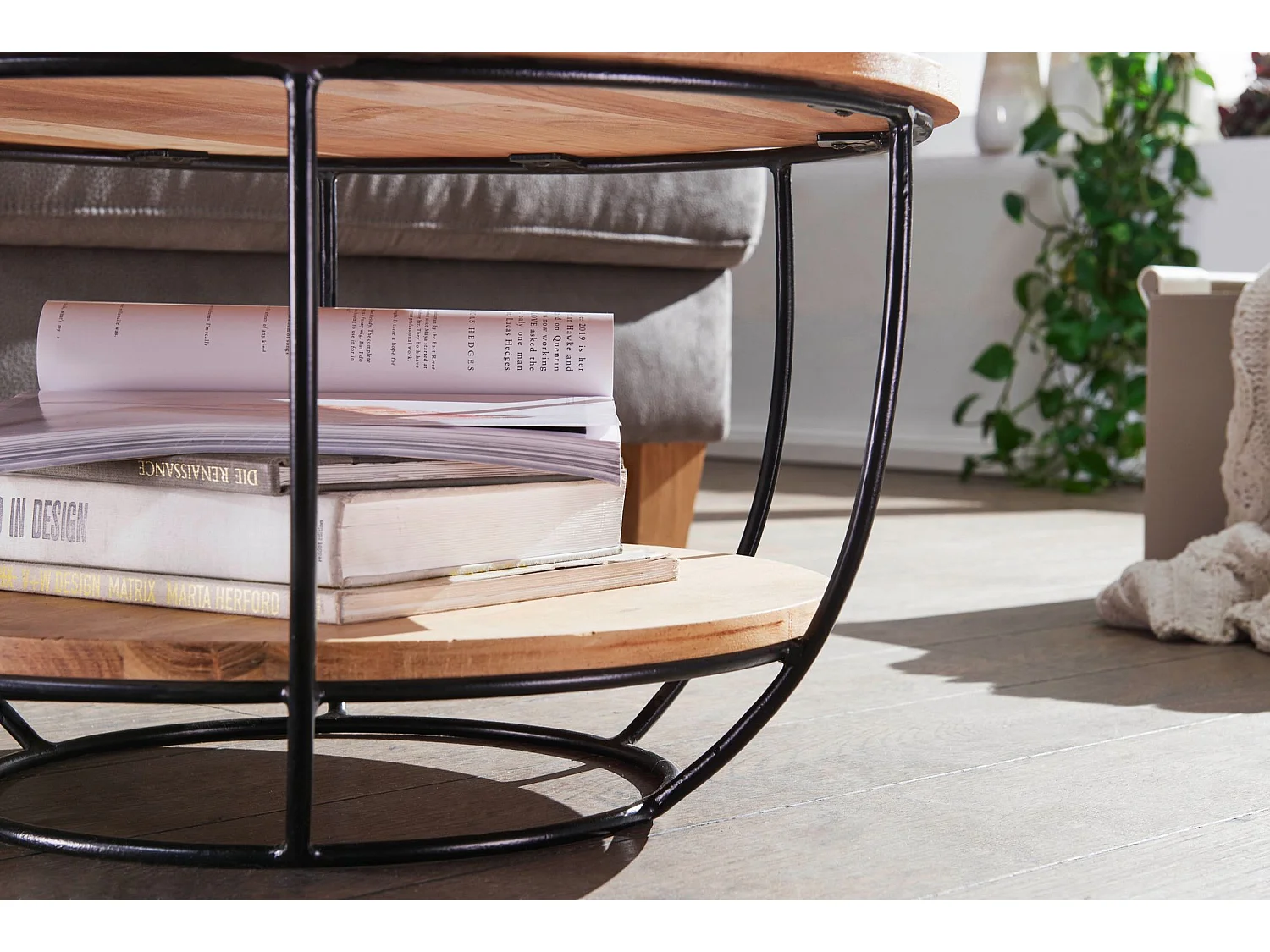 basse 60x34,5x60 cm table basse en bois massif / métal acacia | Table de salon design ronde |