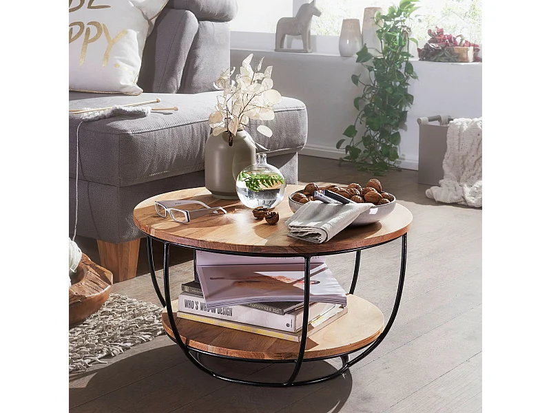 salontafel 60x34,5x60 cm acacia massief houten / metalen salontafel | Design woonkamer tafel rond | Lounge tafel Industrial Brown | Tafel met plank