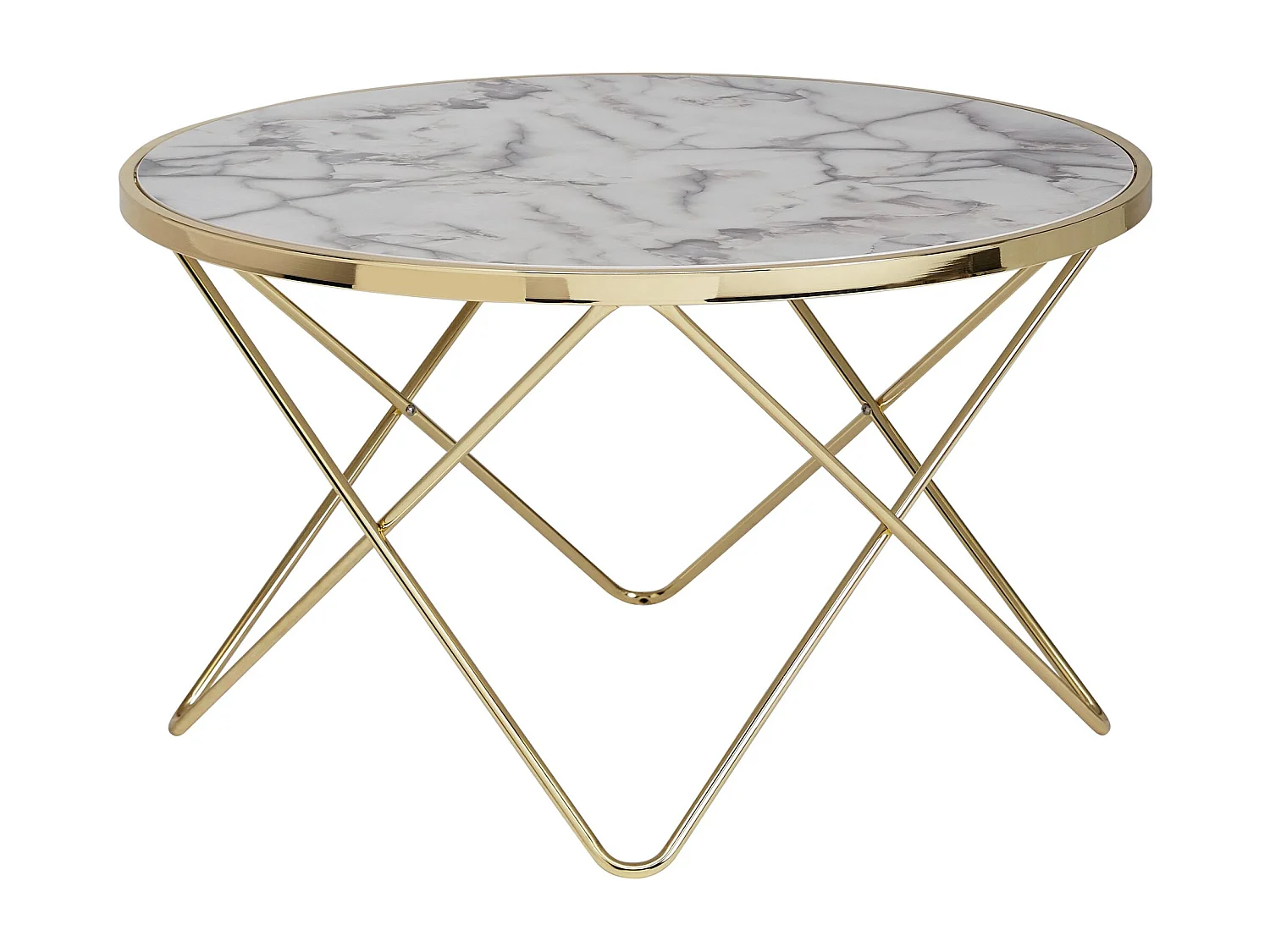 Table basse design  aspect marbre blanc rond Ø 85 cm structure métal doré | Grande table de salon
