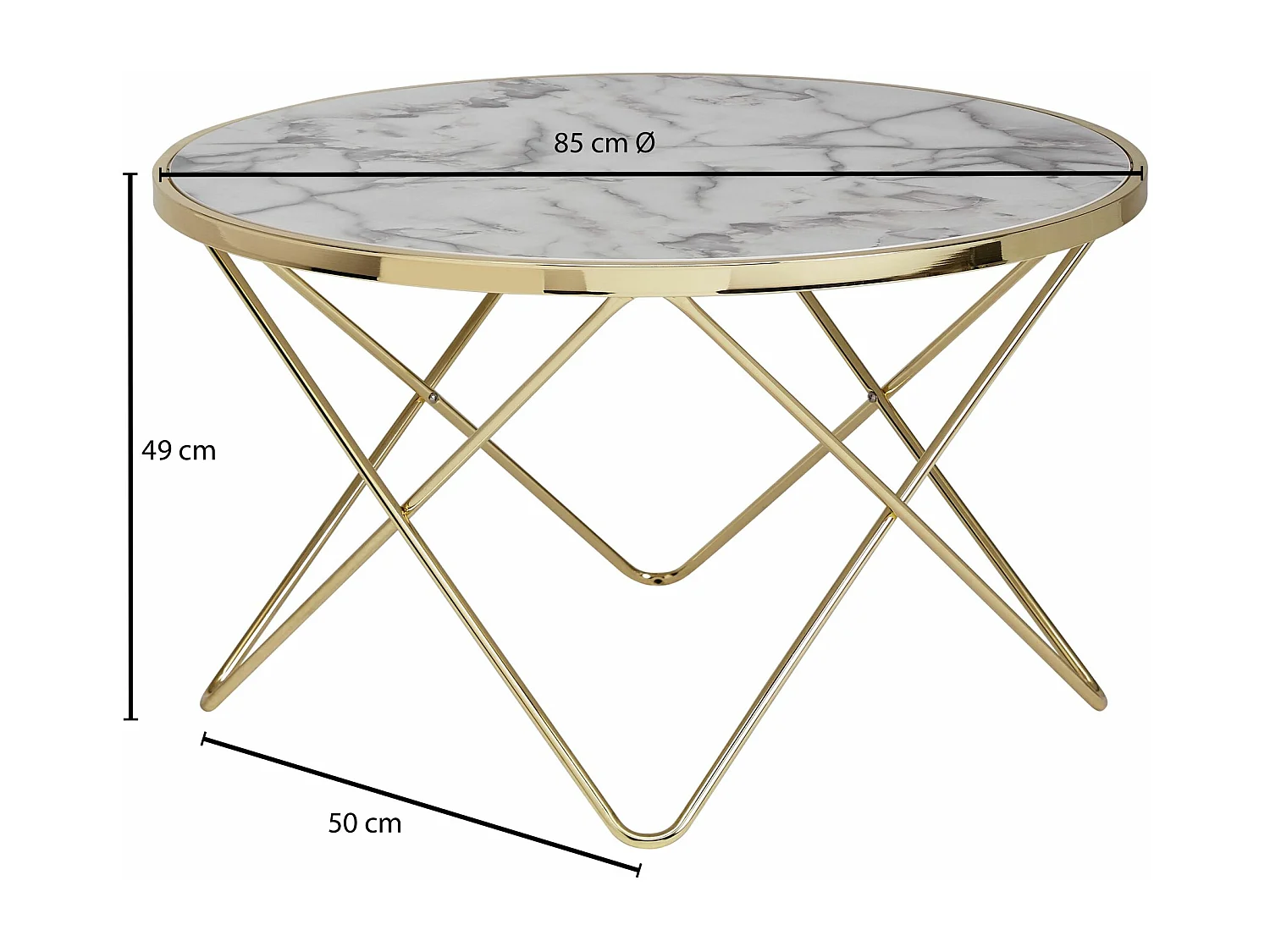 Table basse design  aspect marbre blanc rond Ø 85 cm structure métal doré | Grande table de salon