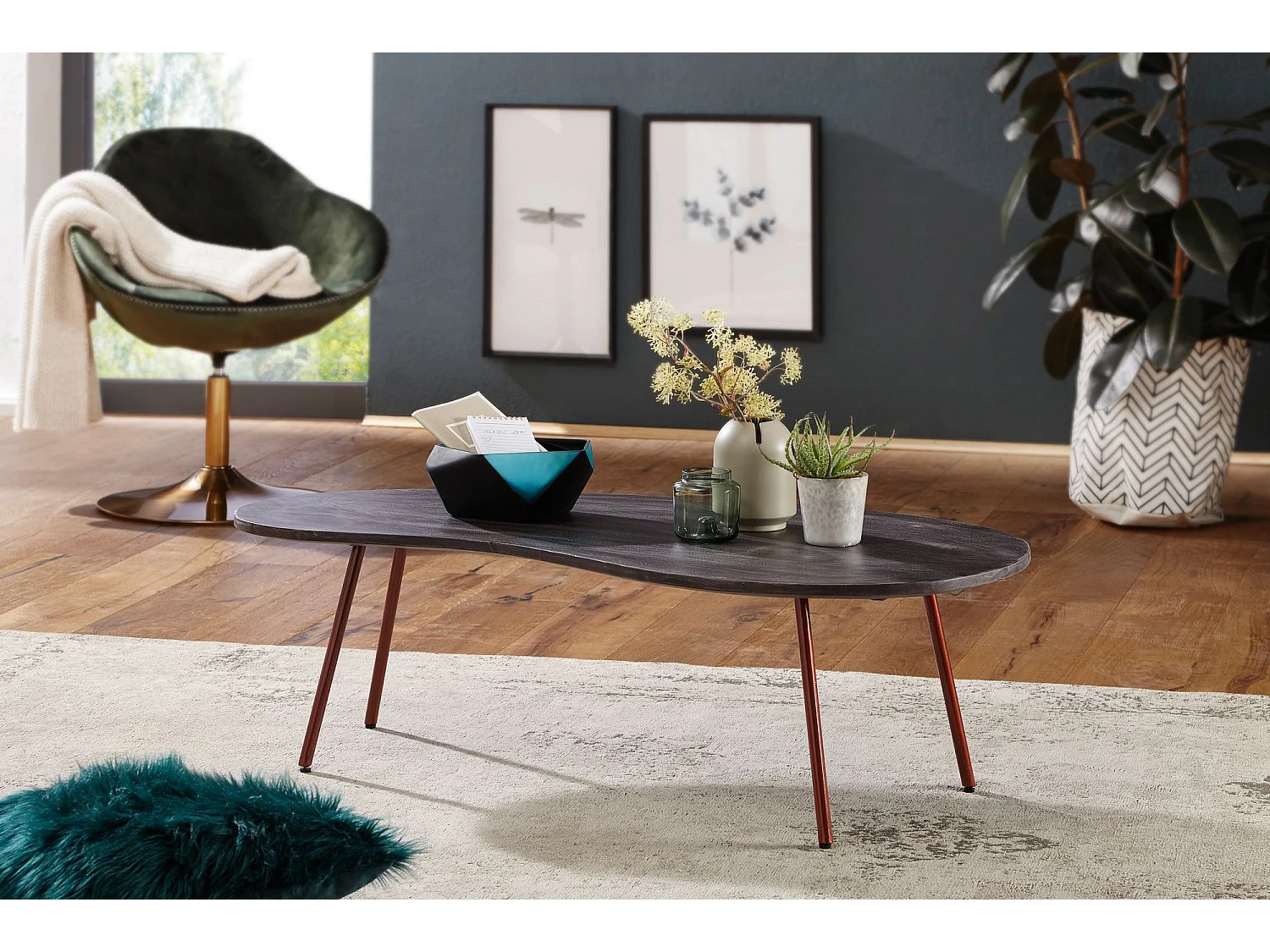 Design salontafel JAI 122x34,5x63 cm Acacia met metalen poten koper | Niertafel Massief hout Grijs