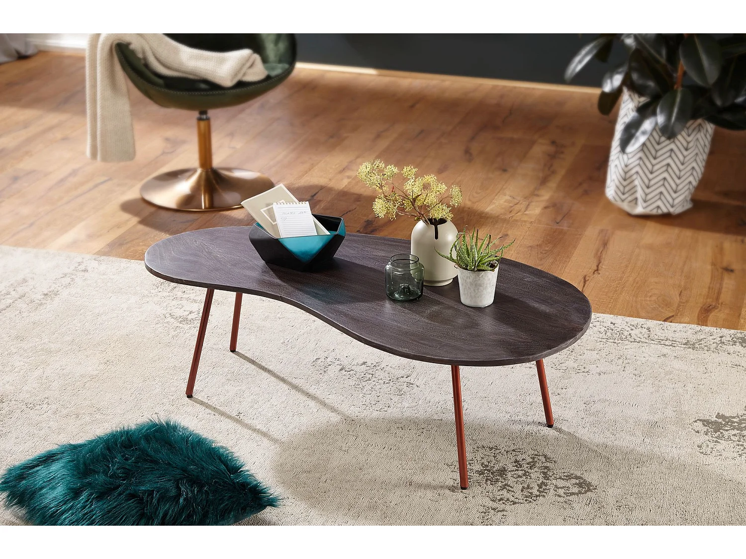 Table basse design JAI 122x34,5x63 cm en acacia avec pieds en métal cuivre | Table de rein en bois