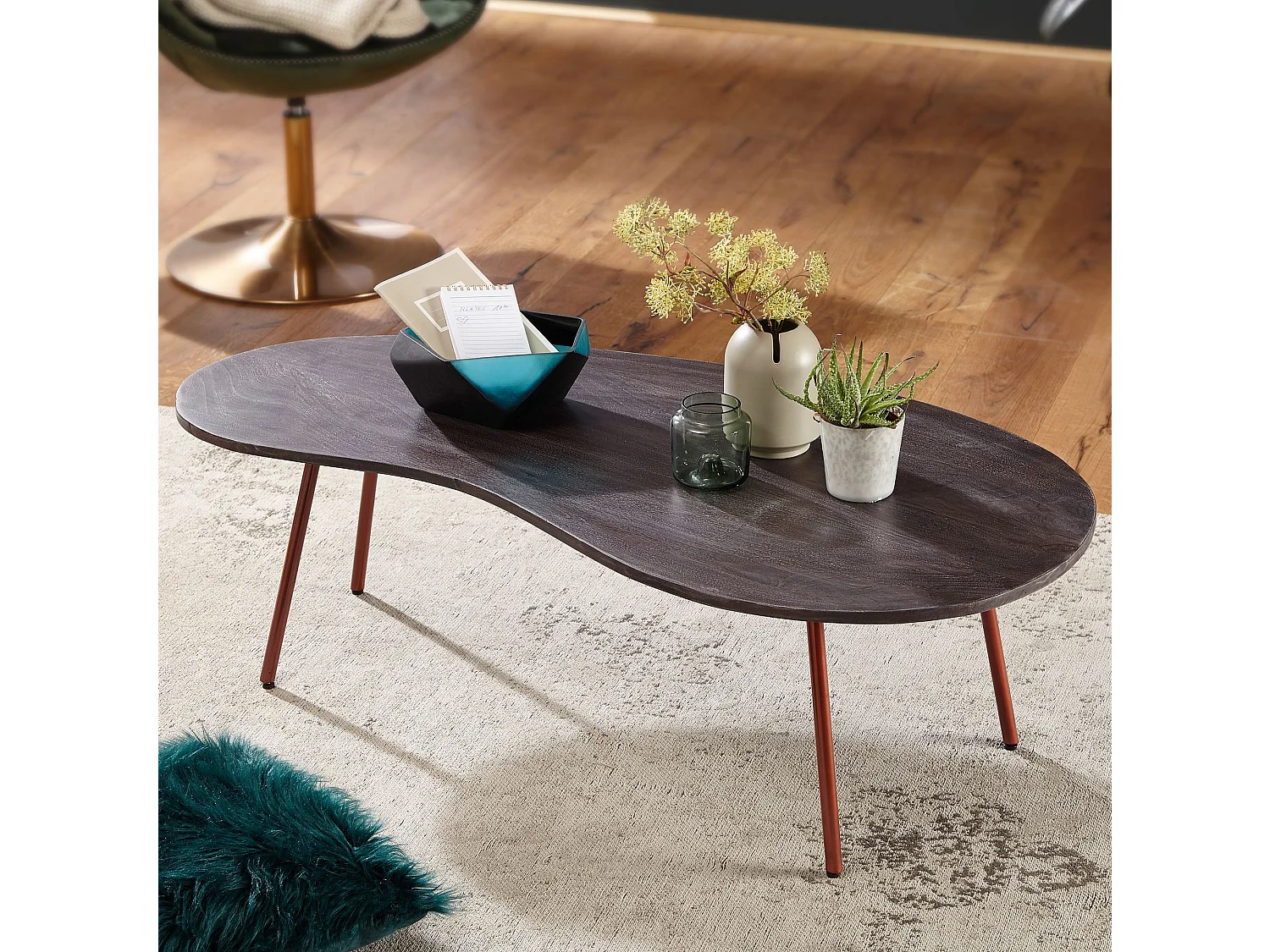 Tavolino di design JAI 122x34,5x63 cm Acacia con gambe in metallo rame | Tavolino Kidney Legno massiccio Grigio