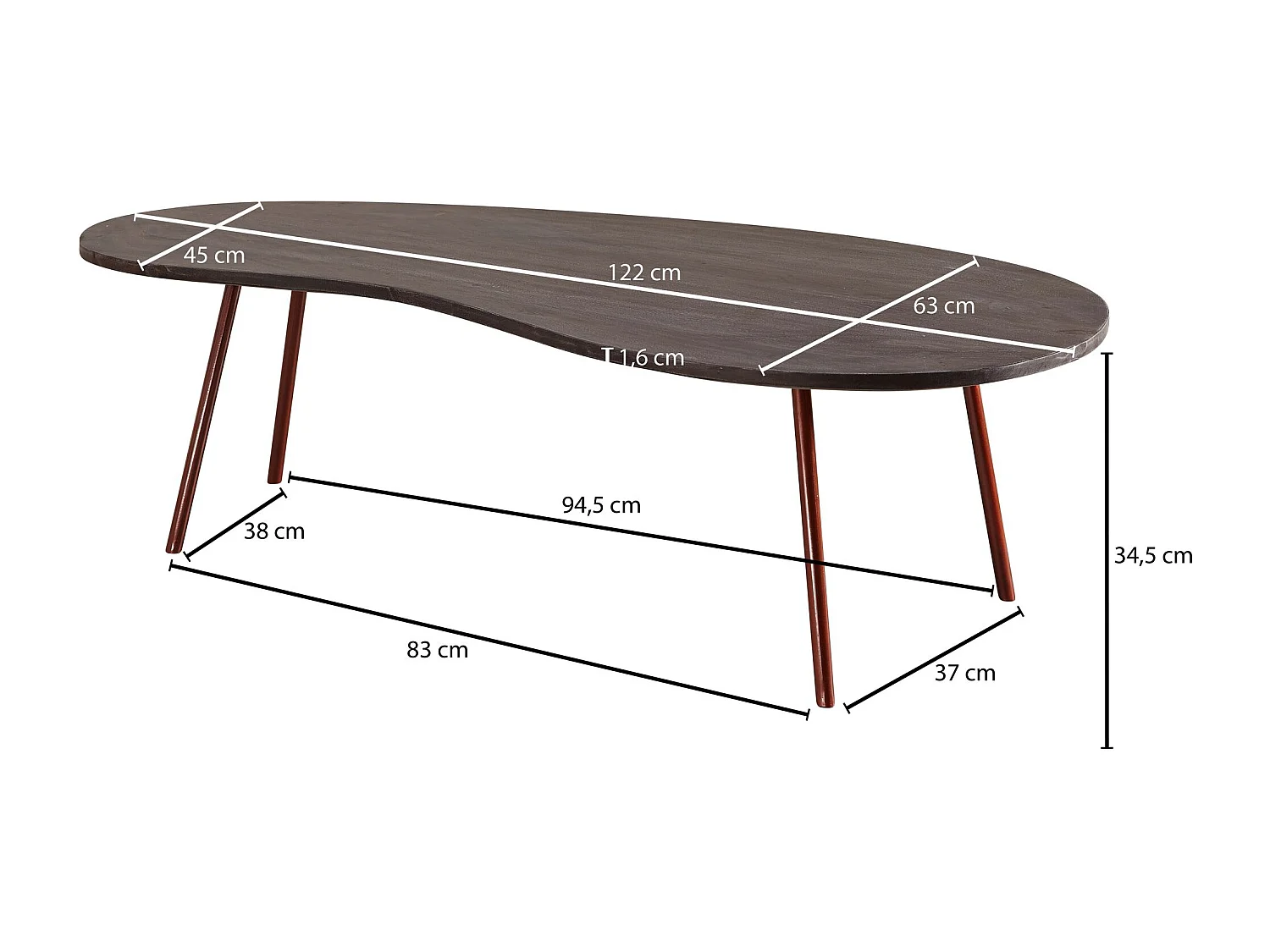 Tavolino di design JAI 122x34,5x63 cm Acacia con gambe in metallo rame | Tavolino Kidney Legno massiccio Grigio