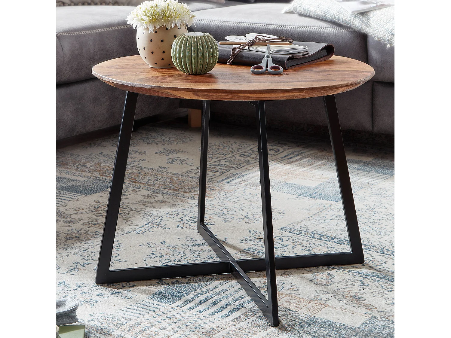 salontafel 60x60x45 cm massief sheeshamhout / metalen salontafel rond | Design salontafel salontafel massief | Kleine tafel bijzettafel woonkamer modern