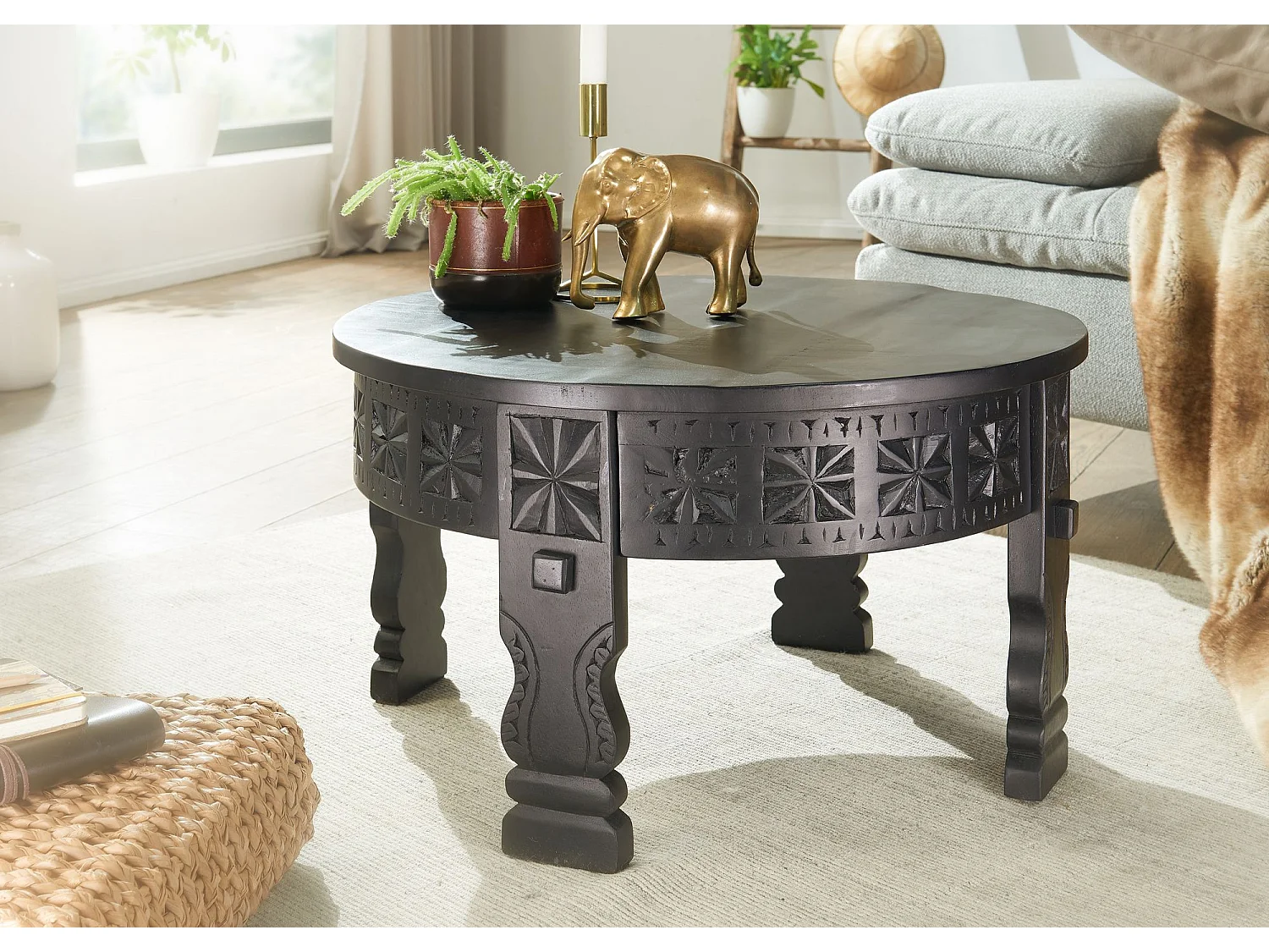 tavolino design 60x36x60 cm Tavolino in legno massello di mango rotondo nero | Tavolino in legno Tavolino massello | Tavolo soggiorno orientale | Tavolino salotto