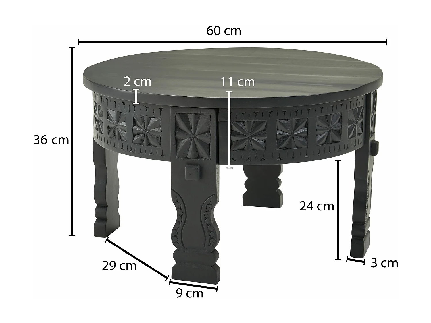 tavolino design 60x36x60 cm Tavolino in legno massello di mango rotondo nero | Tavolino in legno Tavolino massello | Tavolo soggiorno orientale | Tavolino salotto