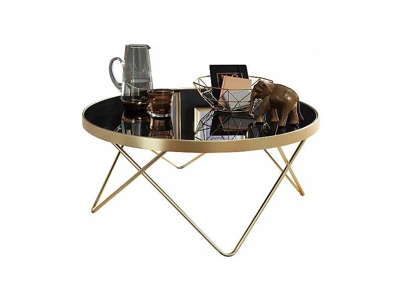 Table Basse Dana Ø 82 Cm Table D'Appoint Noir / Or Mat Métal / Verre | Table Avec Plateau