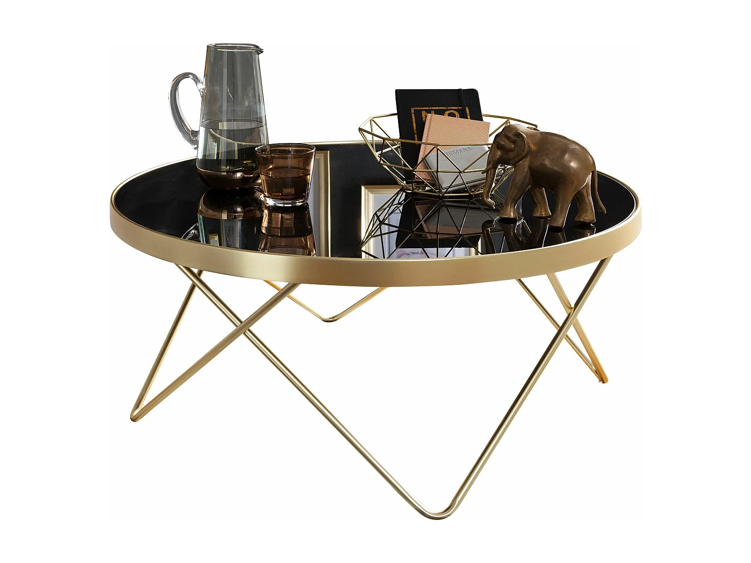 Table Basse Dana Ø 82 Cm Table D'Appoint Noir / Or Mat Métal / Verre | Table Avec Plateau