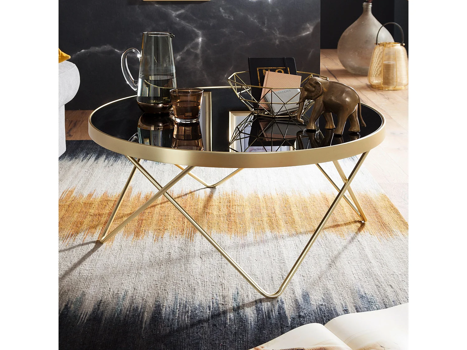 table basse DANA Ø 82 cm table d'appoint noir / or mat métal / verre | Table avec plateau en verre