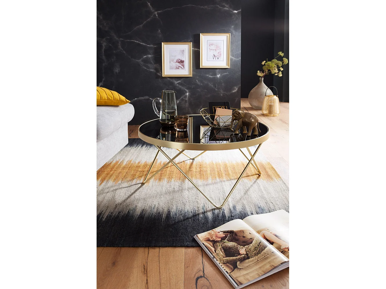 table basse DANA Ø 82 cm table d'appoint noir / or mat métal / verre | Table avec plateau en verre