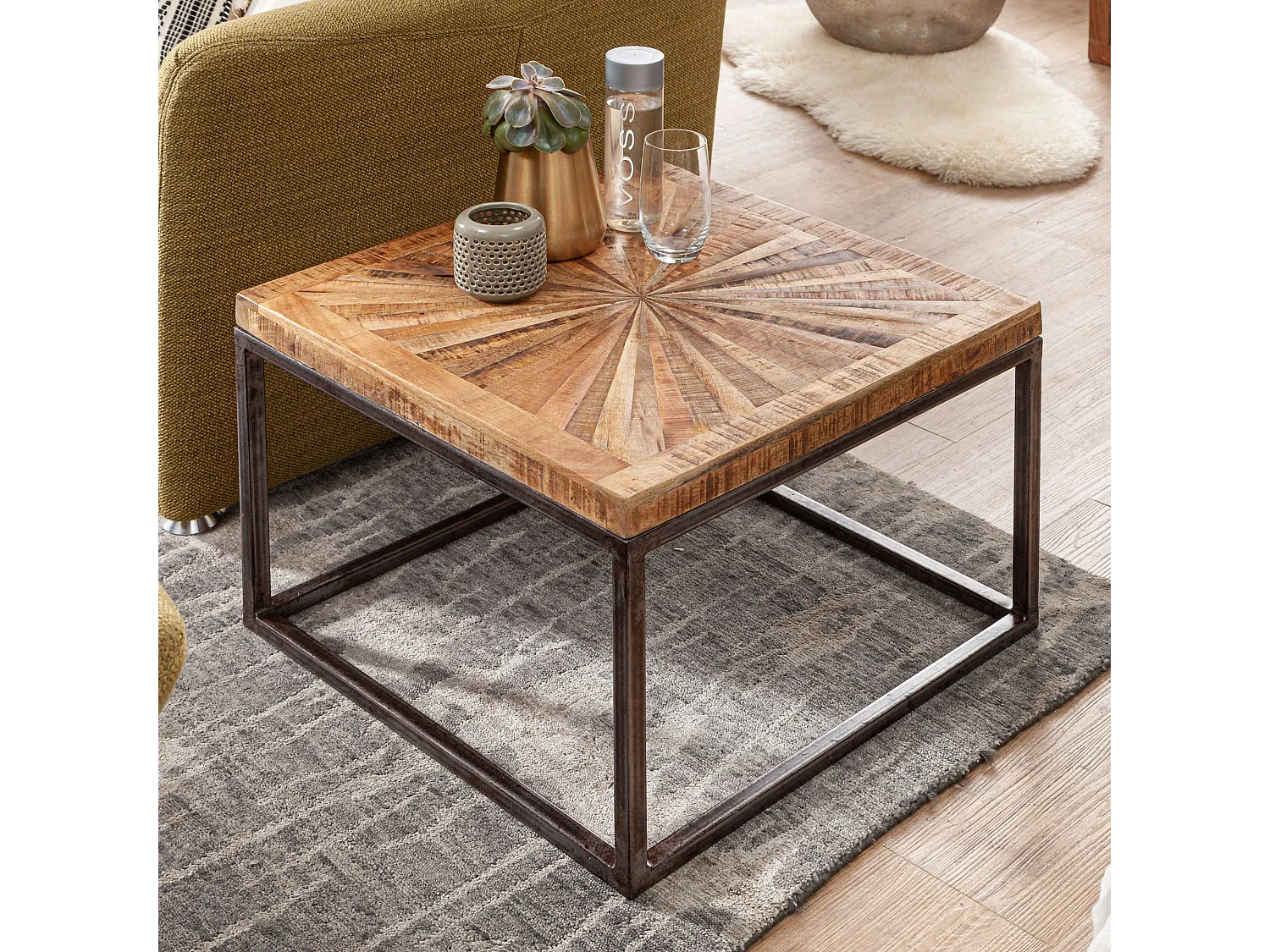 salontafel mango massief hout 55x40x55 cm tafel met metalen onderstel | Vierkante salontafel in industrieel design | Stoere salontafel modern