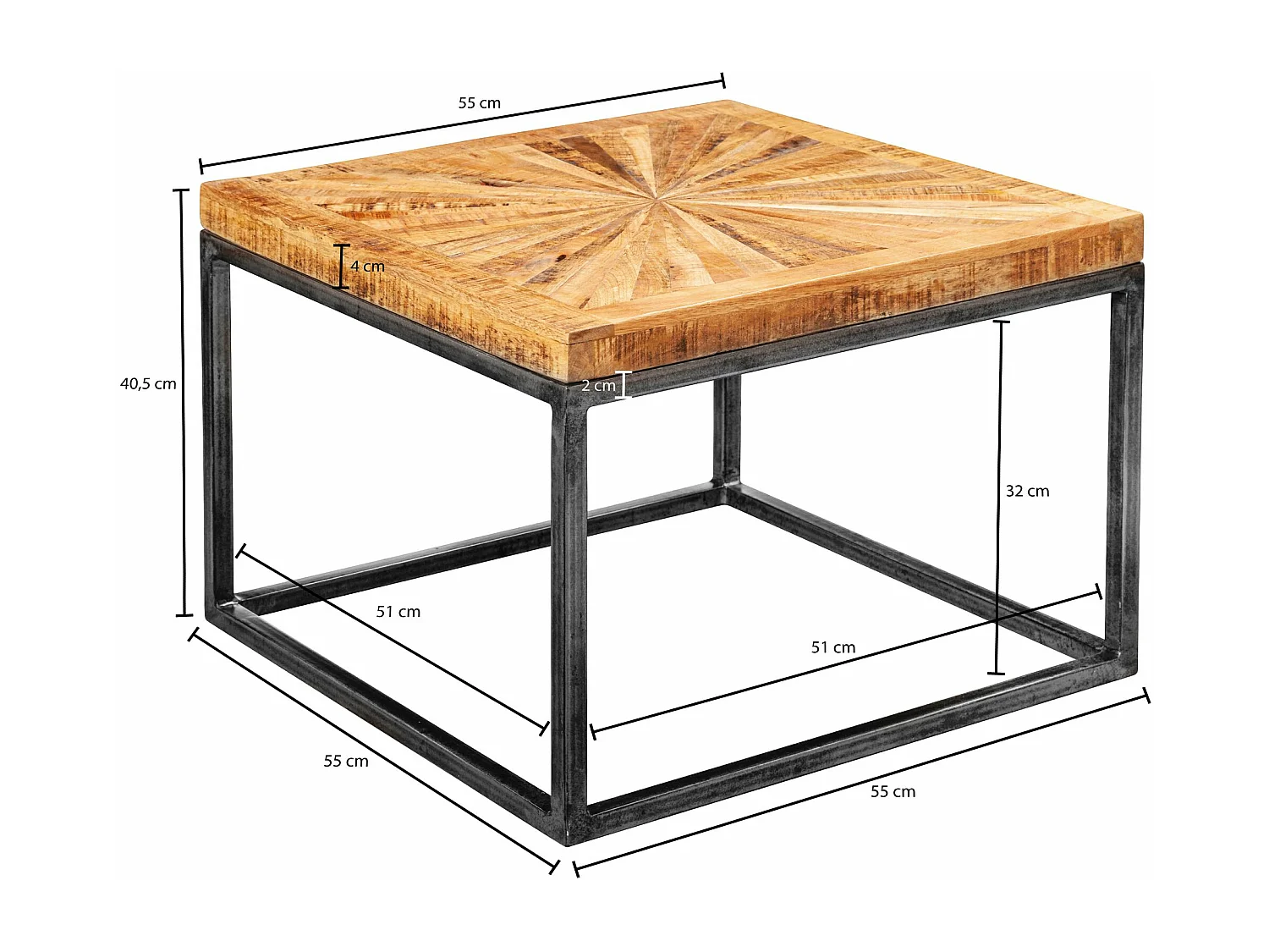 salontafel mango massief hout 55x40x55 cm tafel met metalen onderstel | Vierkante salontafel in industrieel design | Stoere salontafel modern