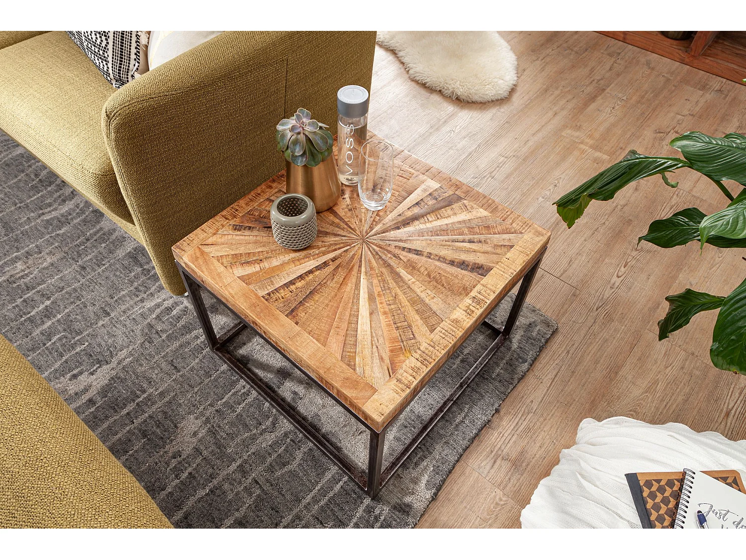 salontafel mango massief hout 55x40x55 cm tafel met metalen onderstel | Vierkante salontafel in industrieel design | Stoere salontafel modern