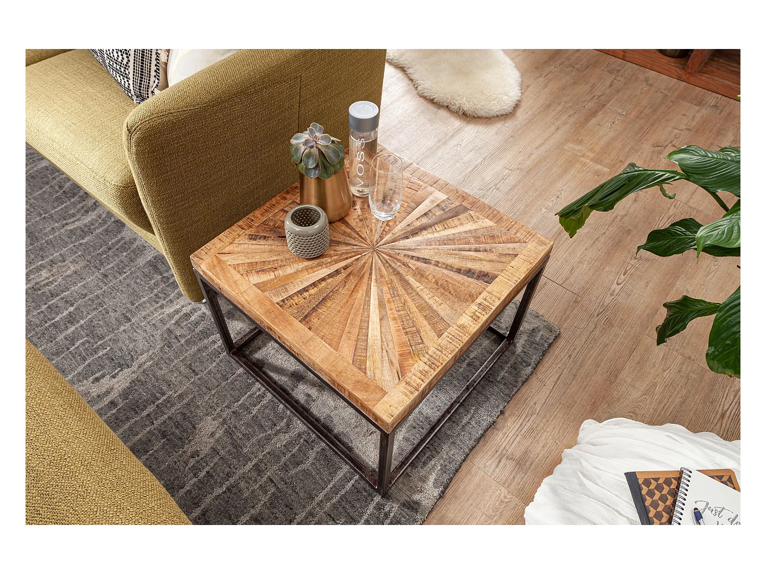 table basse manguier bois massif 55x40x55 cm table avec structure en métal | Table de salon carrée au design industriel | Table basse solide moderne