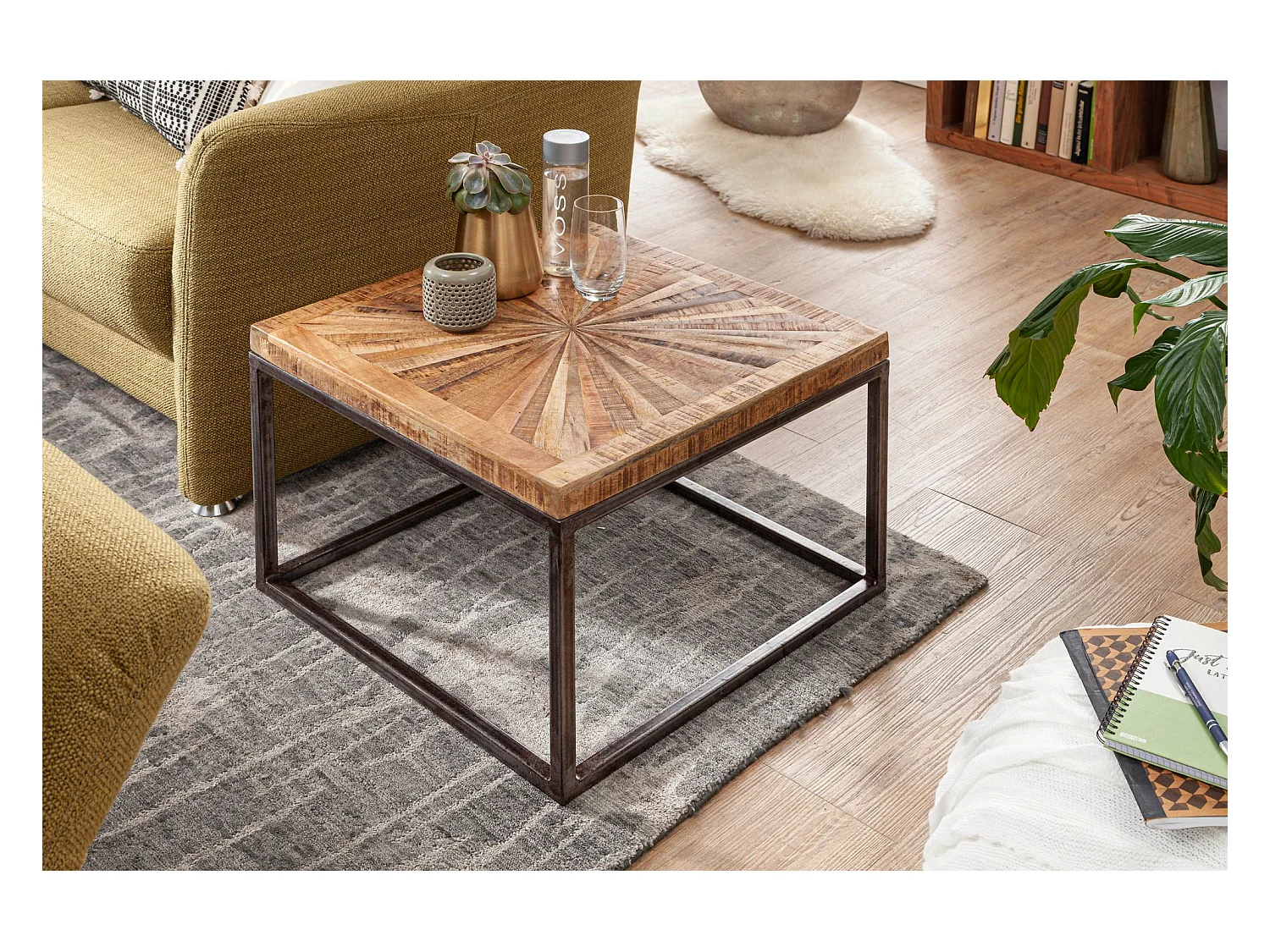 table basse manguier bois massif 55x40x55 cm table avec structure en métal | Table de salon carrée au design industriel | Table basse solide moderne