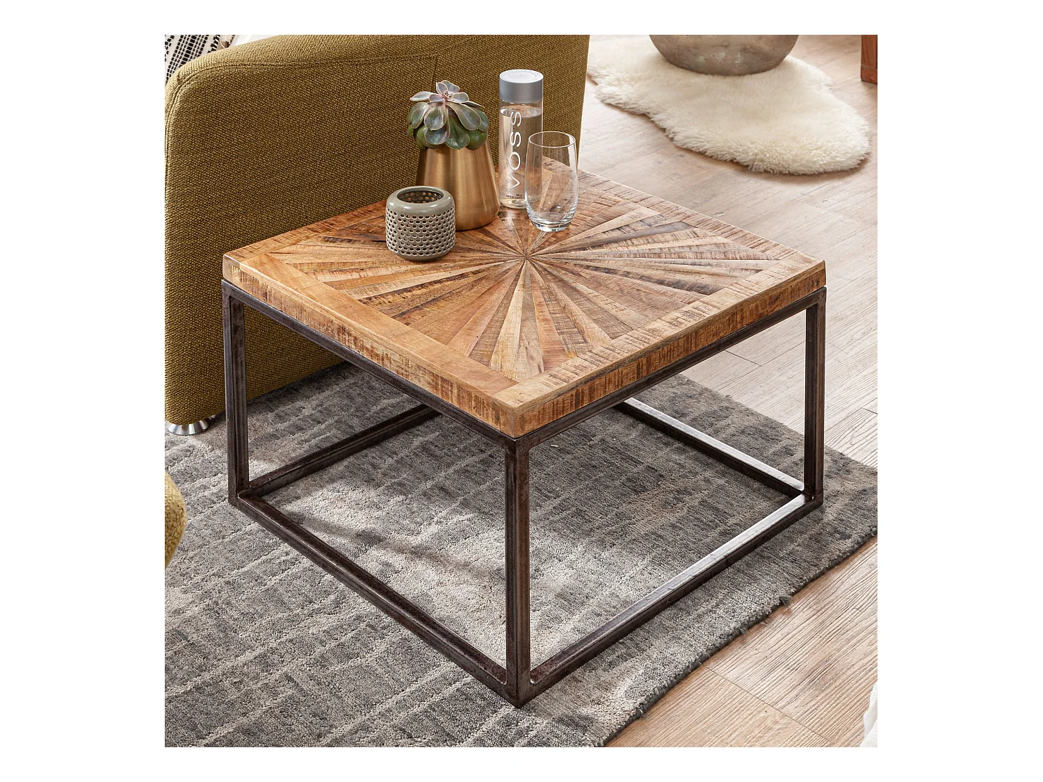 table basse manguier bois massif 55x40x55 cm table avec structure en métal | Table de salon carrée au design industriel | Table basse solide moderne