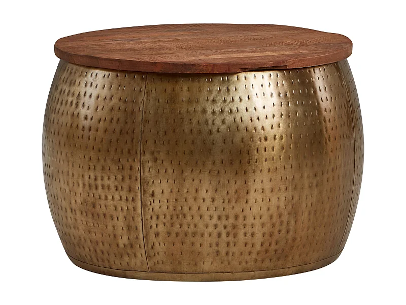 Koffietafel Metaal en Massief Mango-Hout 60x60x40 cm Salontafel Goud | Ronde Tafel Woonkamer Moderne met Opbergruimte | Kleine Bijzettafel Woonkamertafel