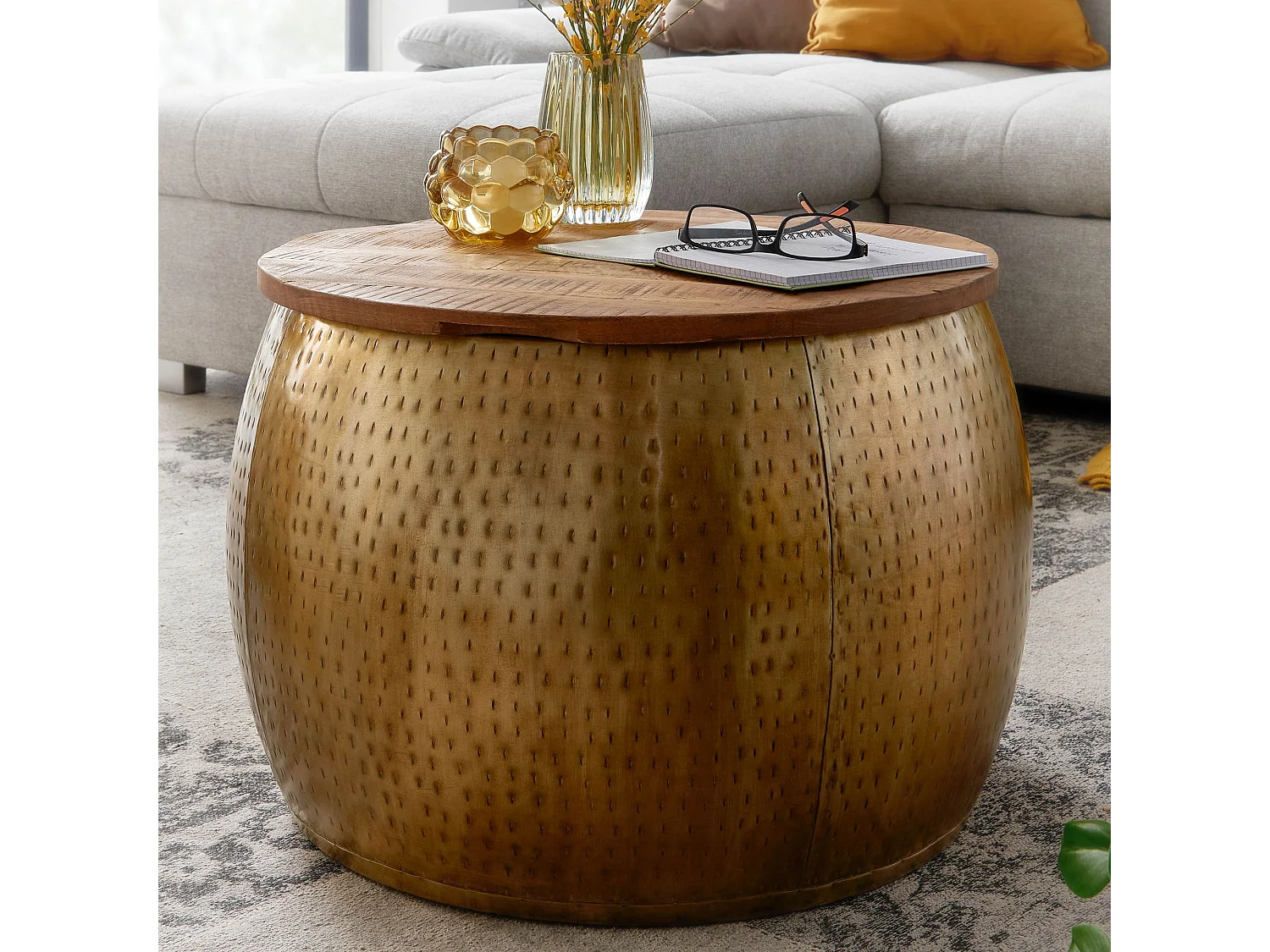 Koffietafel Metaal en Massief Mango-Hout 60x60x40 cm Salontafel Goud | Ronde Tafel Woonkamer Moderne met Opbergruimte | Kleine Bijzettafel Woonkamertafel