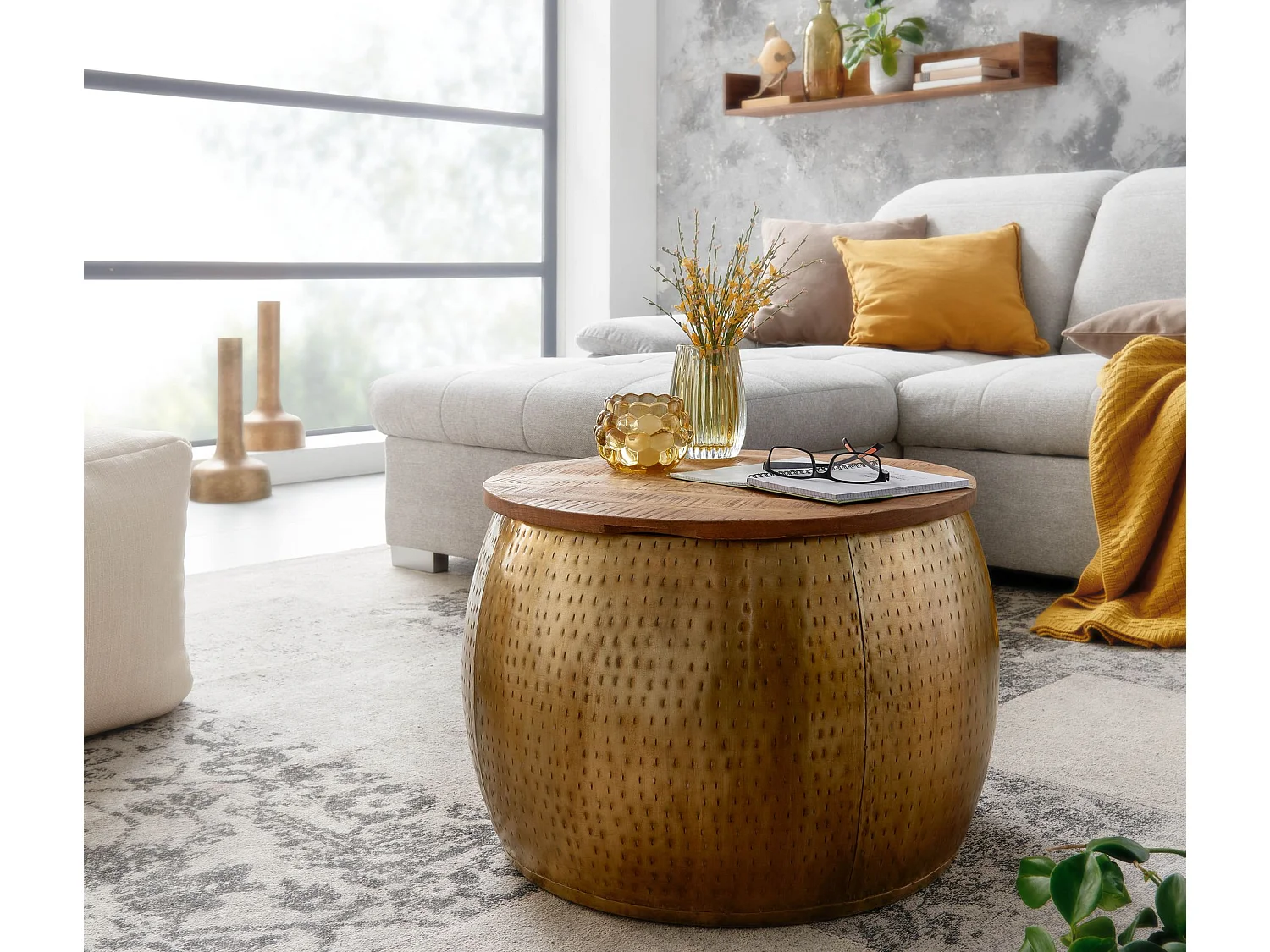 Koffietafel Metaal en Massief Mango-Hout 60x60x40 cm Salontafel Goud | Ronde Tafel Woonkamer Moderne met Opbergruimte | Kleine Bijzettafel Woonkamertafel