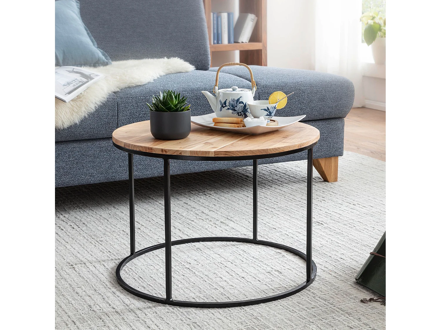 salontafel 60x43x60 cm acacia massief houten / metalen salontafel | Design woonkamer tafel rond | Massieve salontafel | Kleine tafel woonkamer