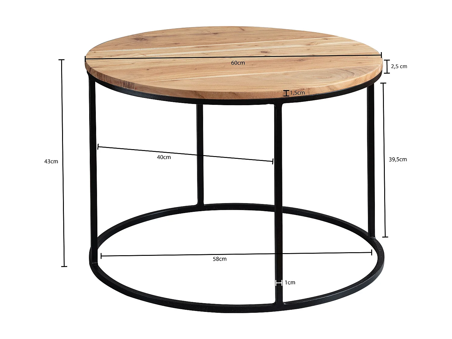 salontafel 60x43x60 cm acacia massief houten / metalen salontafel | Design woonkamer tafel rond | Massieve salontafel | Kleine tafel woonkamer