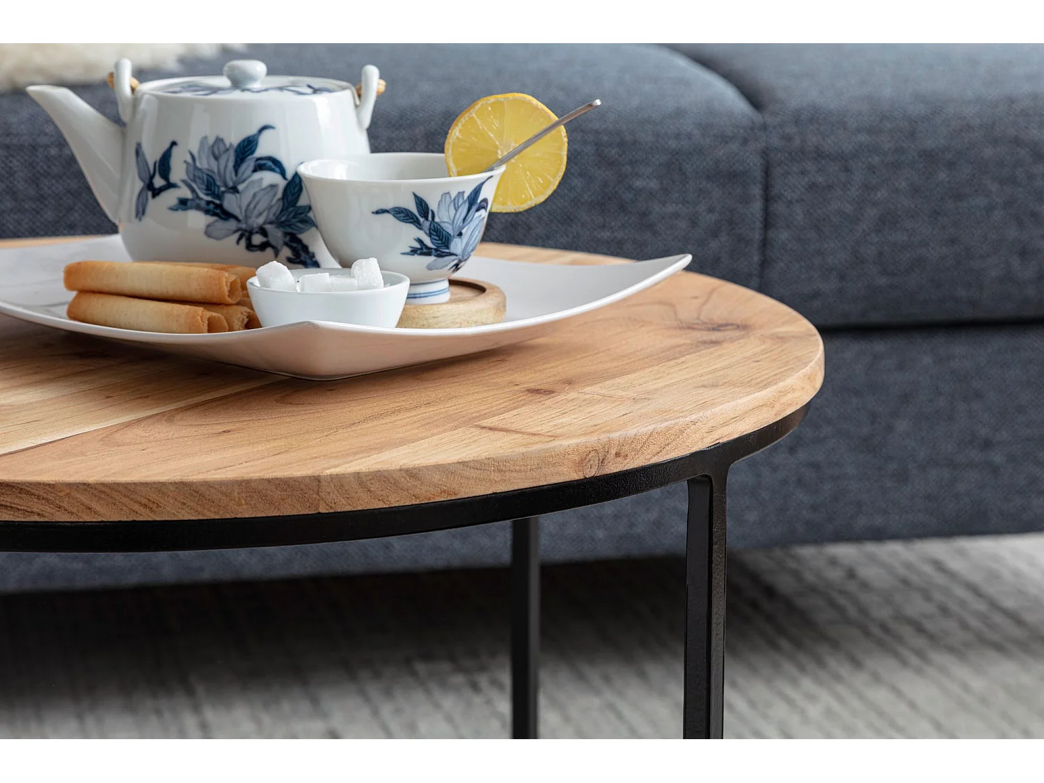 salontafel 60x43x60 cm acacia massief houten / metalen salontafel | Design woonkamer tafel rond | Massieve salontafel | Kleine tafel woonkamer