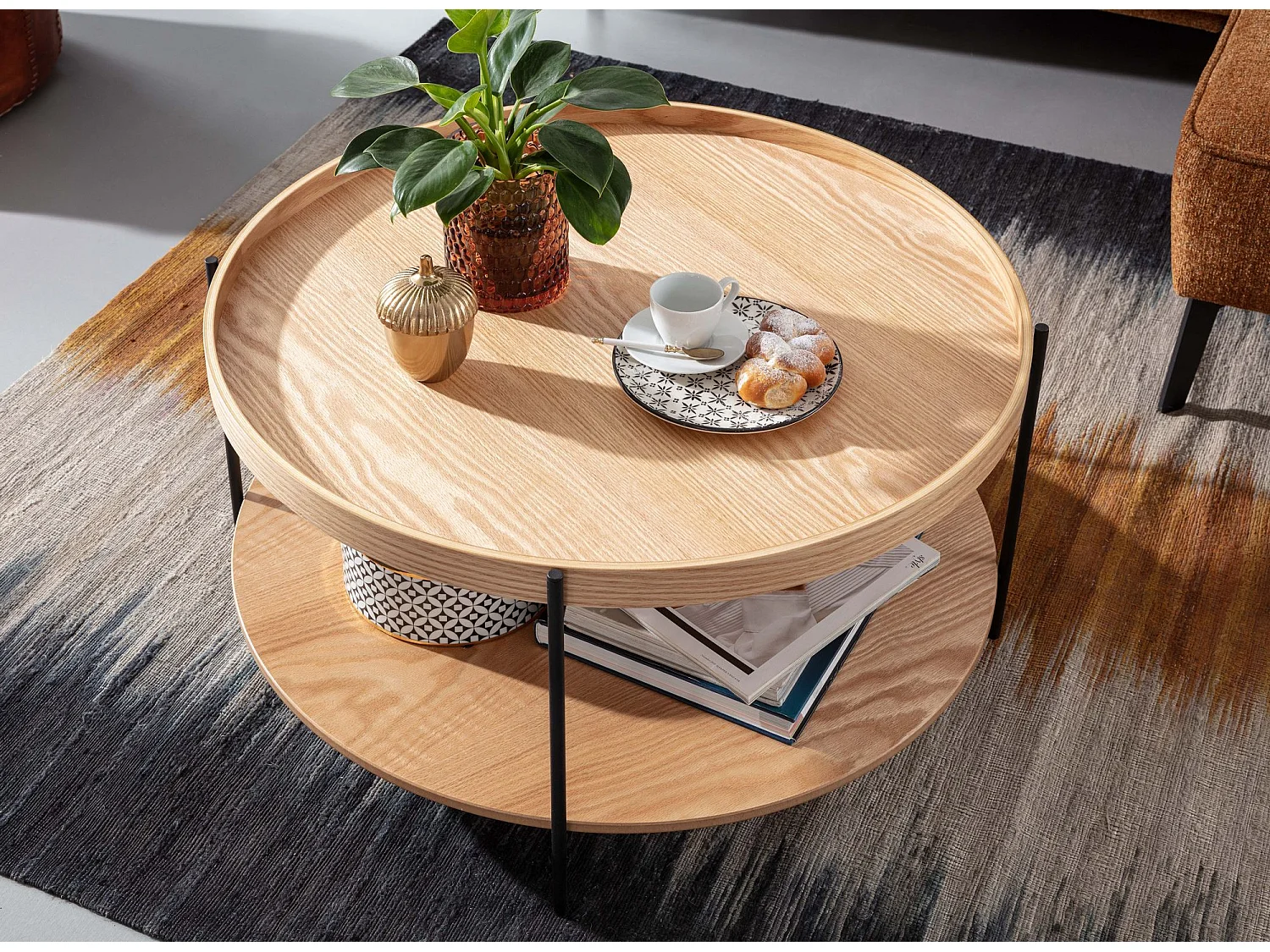 salontafel 78x78x40 cm salontafel hout / metaal woonkamertafel eiken | Moderne ronde design kamertafel met plank | Houten tafel salontafel | Tafel woonkamer